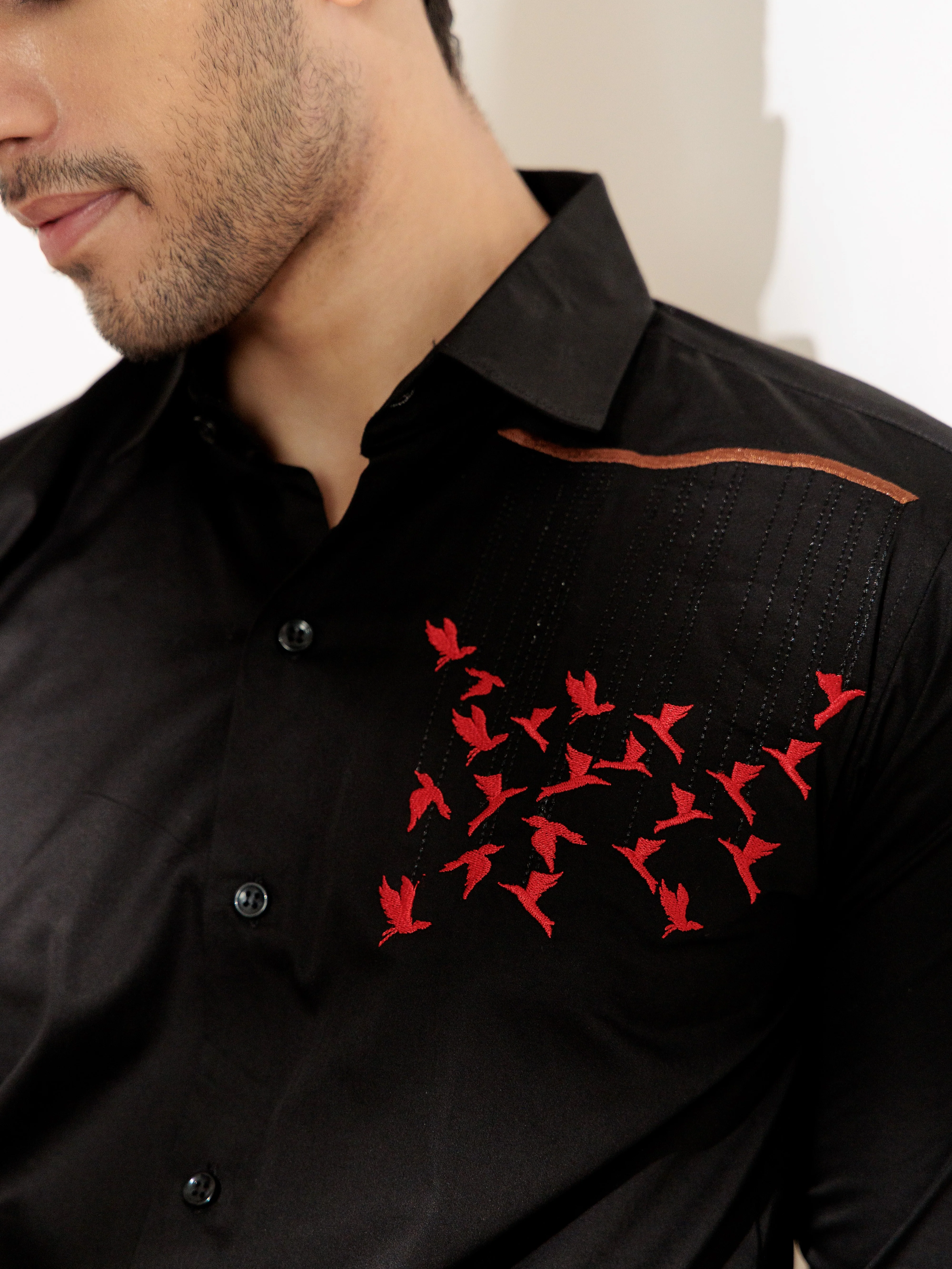 FOOMER BLACK EMBROIDERED DESIGNER WEAR SATIN COTTON SHIRT FOR MEN - Image 2