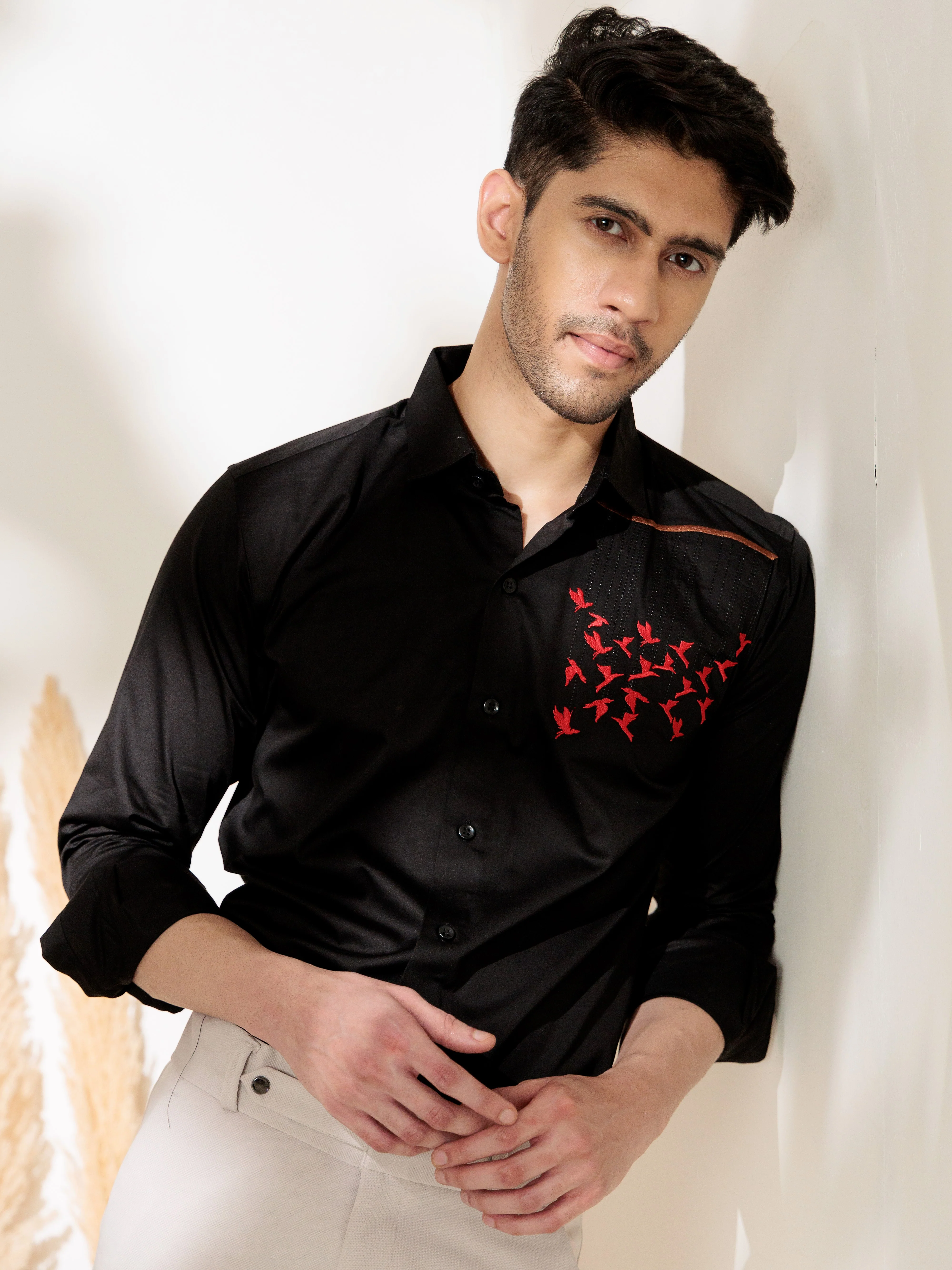 FOOMER BLACK EMBROIDERED DESIGNER WEAR SATIN COTTON SHIRT FOR MEN - Image 3
