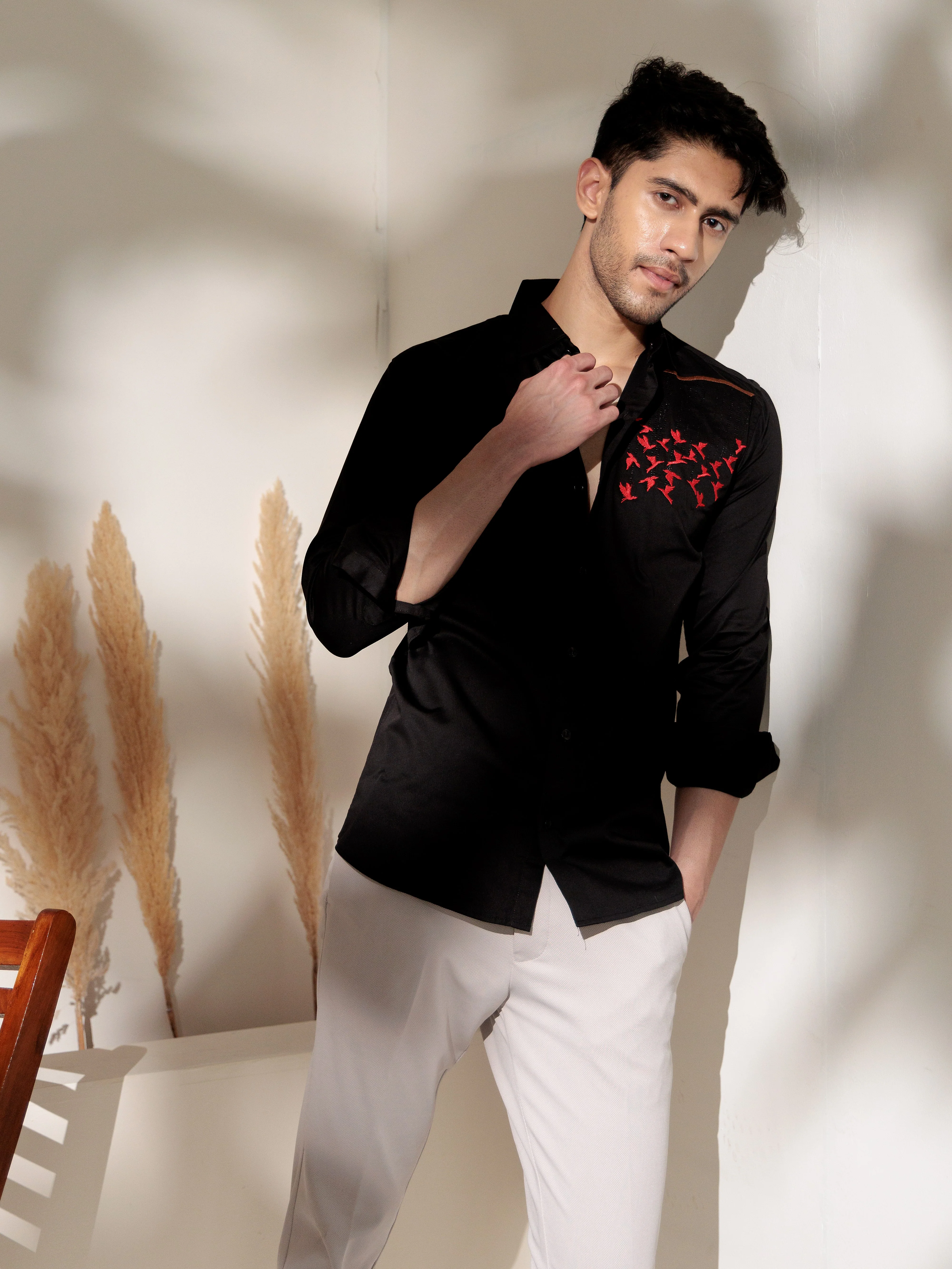 FOOMER BLACK EMBROIDERED DESIGNER WEAR SATIN COTTON SHIRT FOR MEN - Image 4