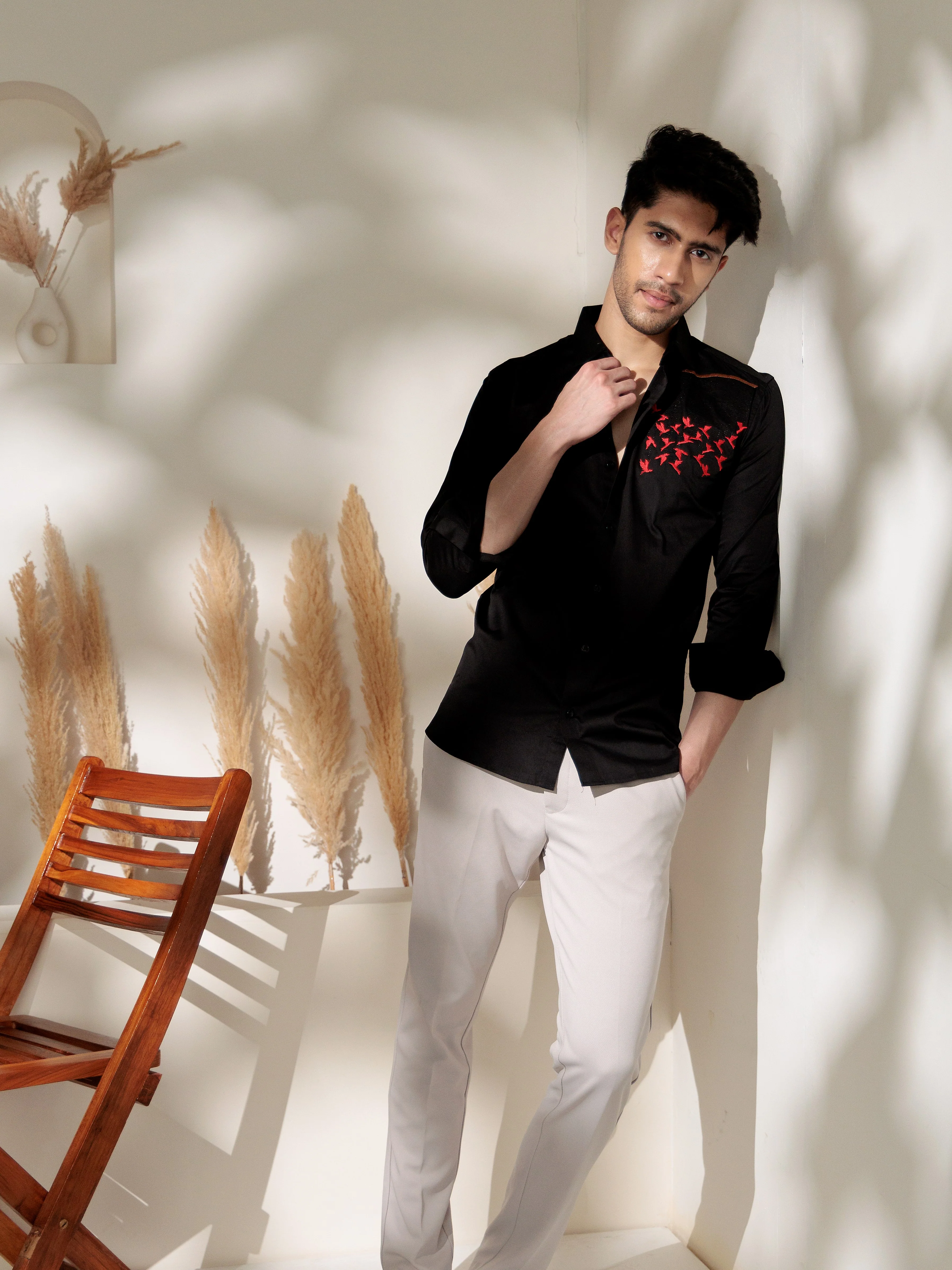 FOOMER BLACK EMBROIDERED DESIGNER WEAR SATIN COTTON SHIRT FOR MEN - Image 5