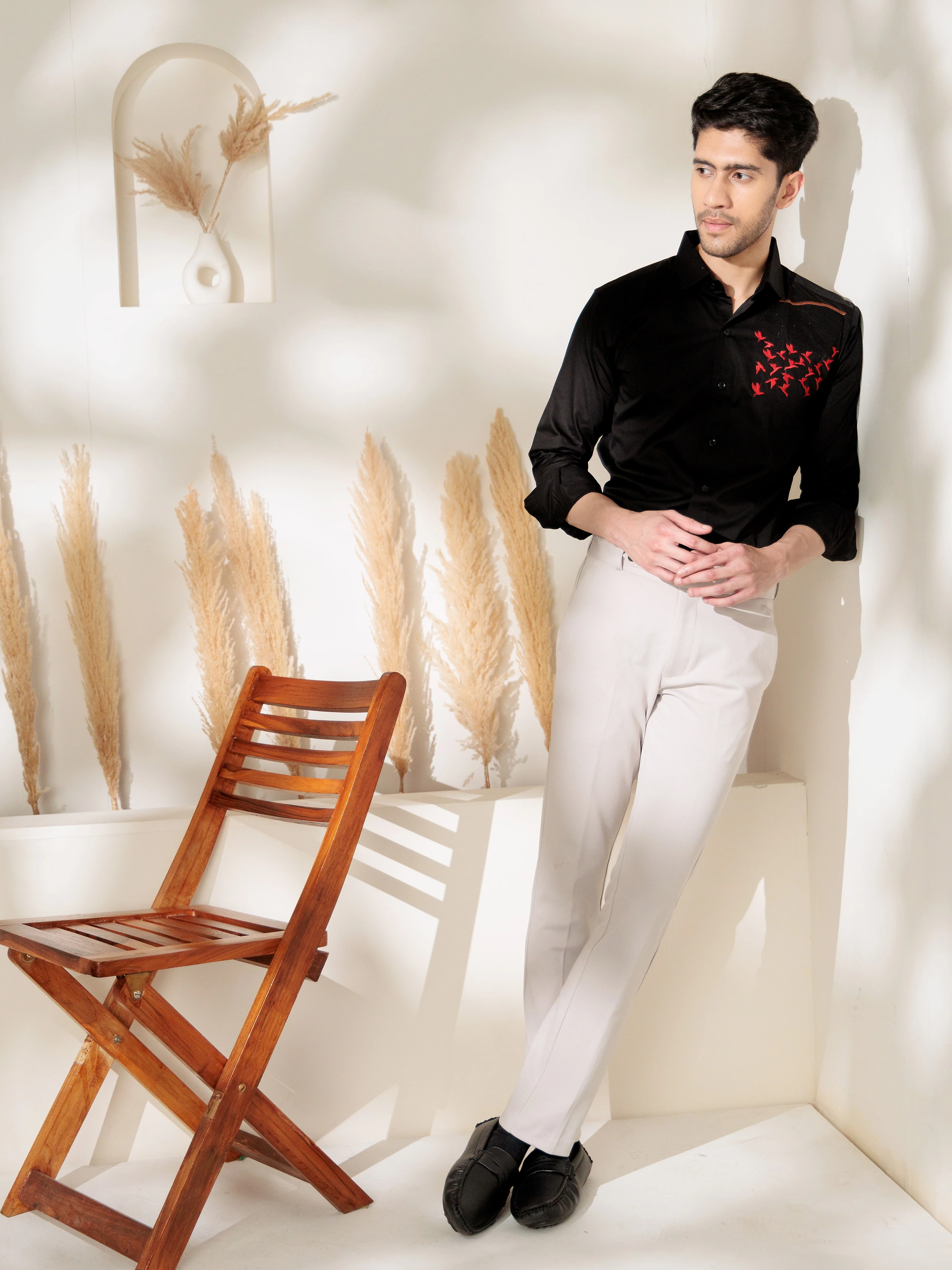 FOOMER BLACK EMBROIDERED DESIGNER WEAR SATIN COTTON SHIRT FOR MEN - Image 9