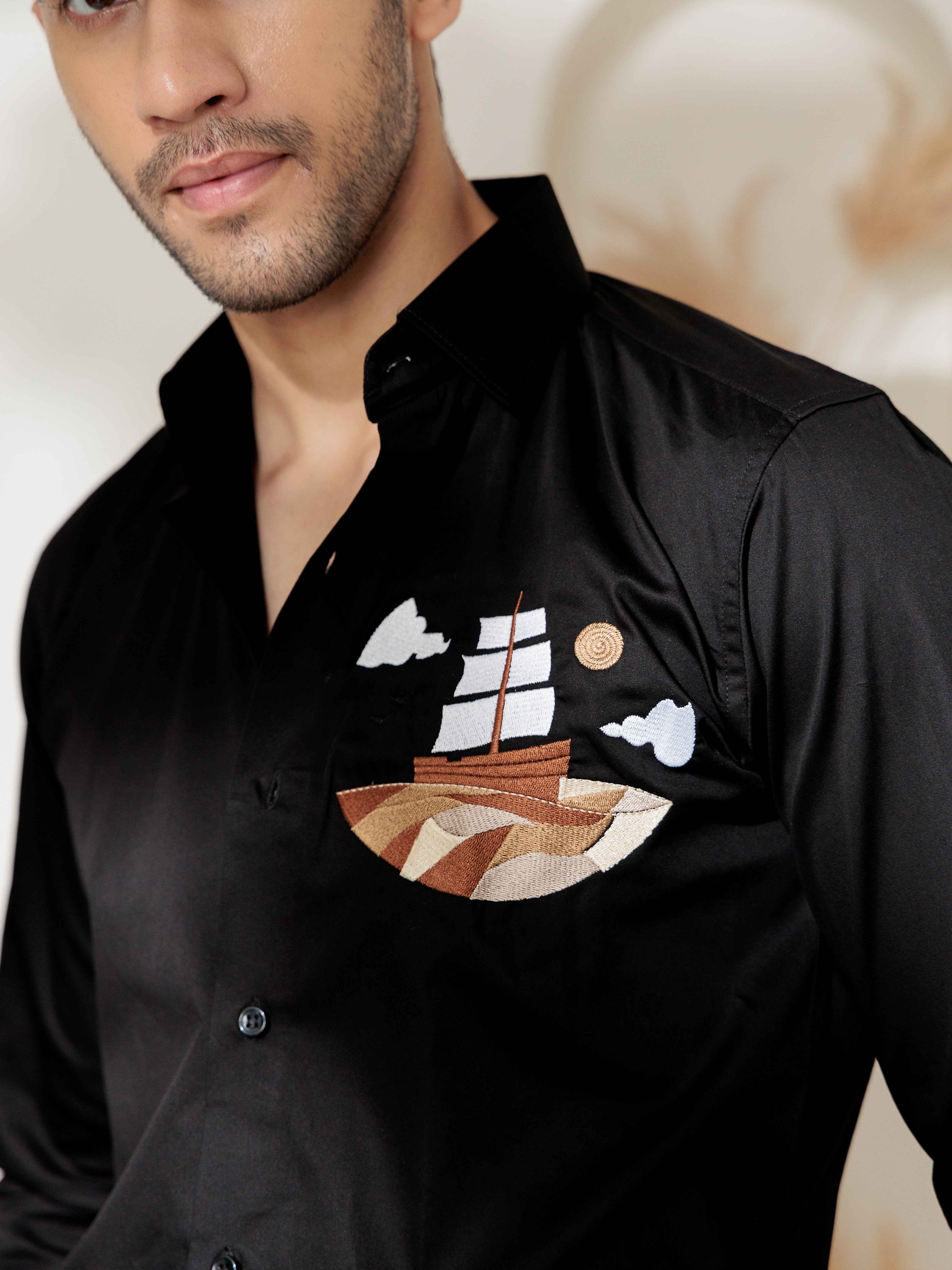 FOOMER BLACK EMBROIDERED DESIGNER WEAR SATIN COTTON SHIRT FOR MEN - Image 2