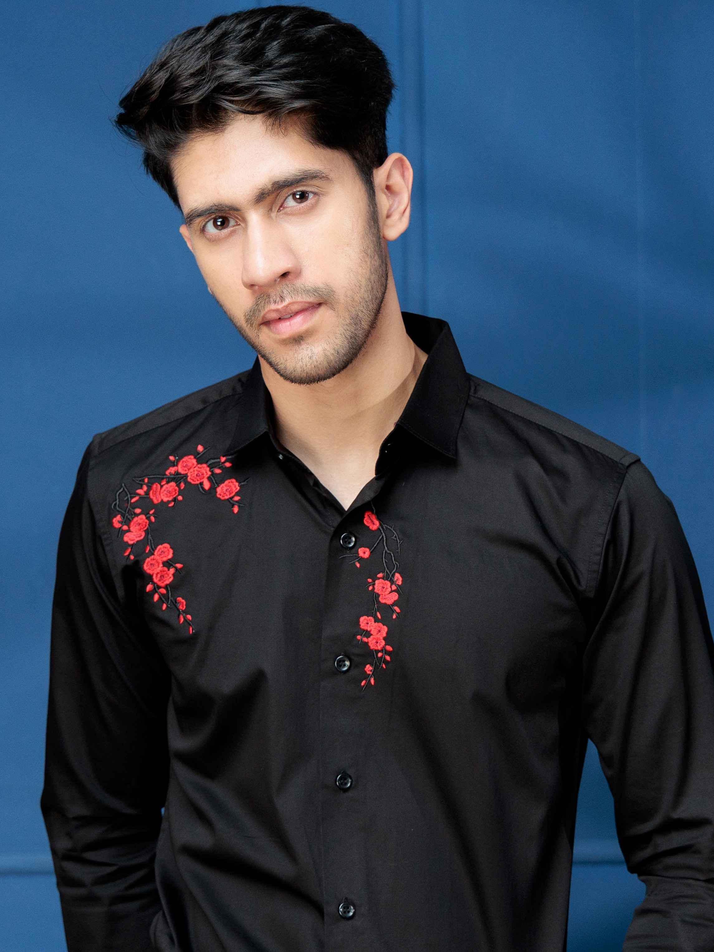 FOOMER BLACK FLOWER EMBROIDERED DESIGNER WEAR SATIN COTTON SHIRT FOR MEN