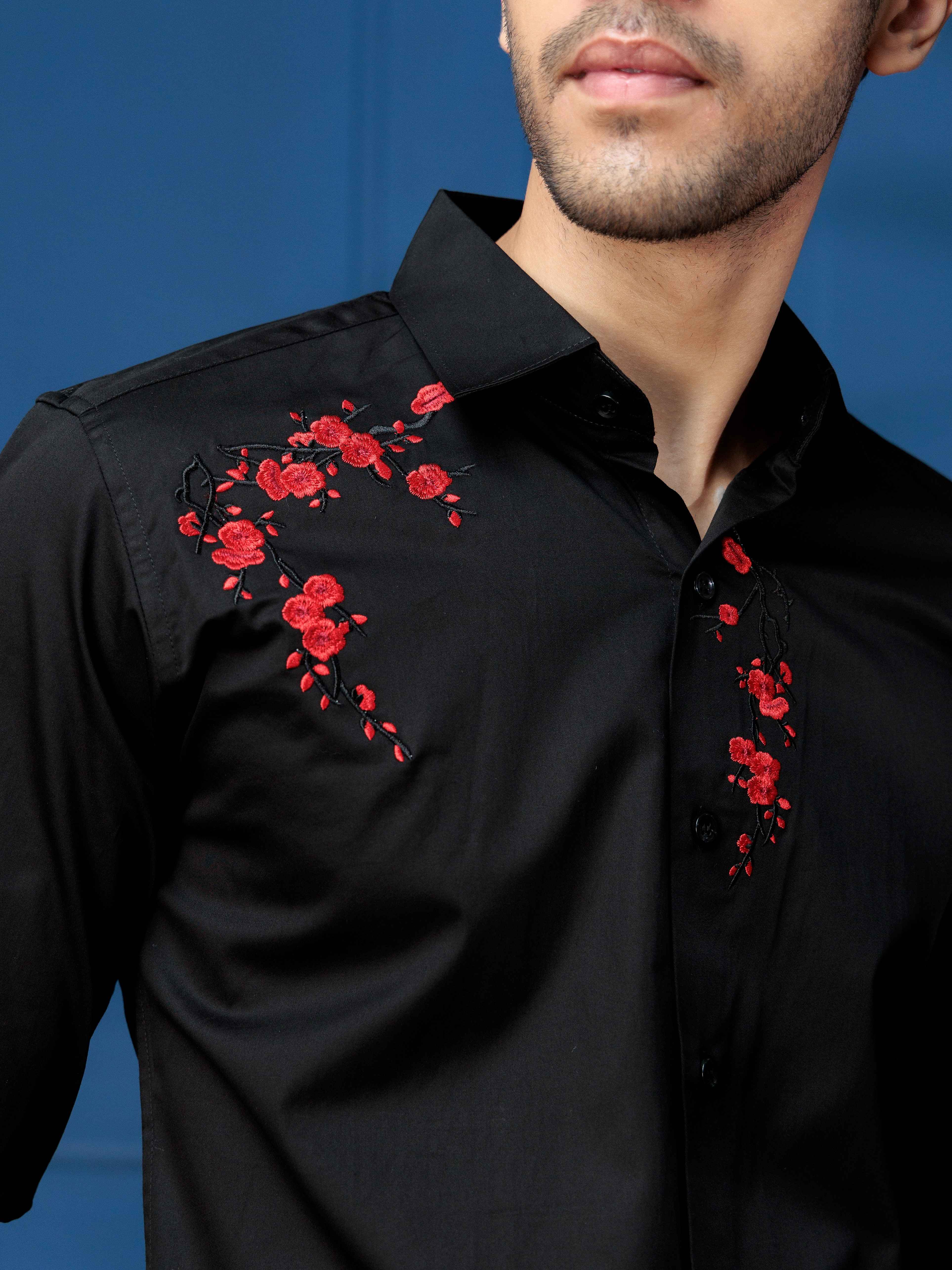 FOOMER BLACK FLOWER EMBROIDERED DESIGNER WEAR SATIN COTTON SHIRT FOR MEN - Image 2
