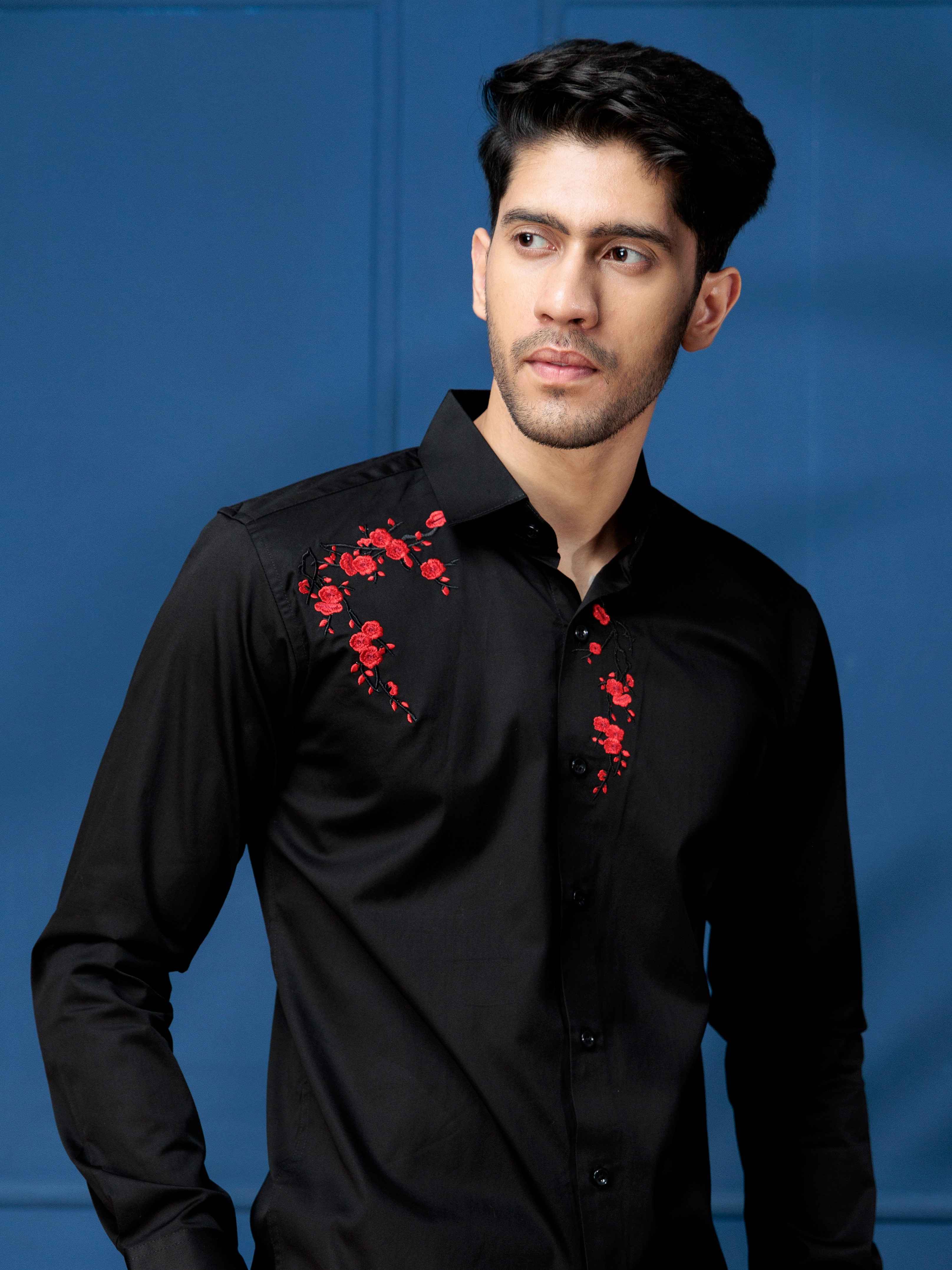 FOOMER BLACK FLOWER EMBROIDERED DESIGNER WEAR SATIN COTTON SHIRT FOR MEN - Image 5