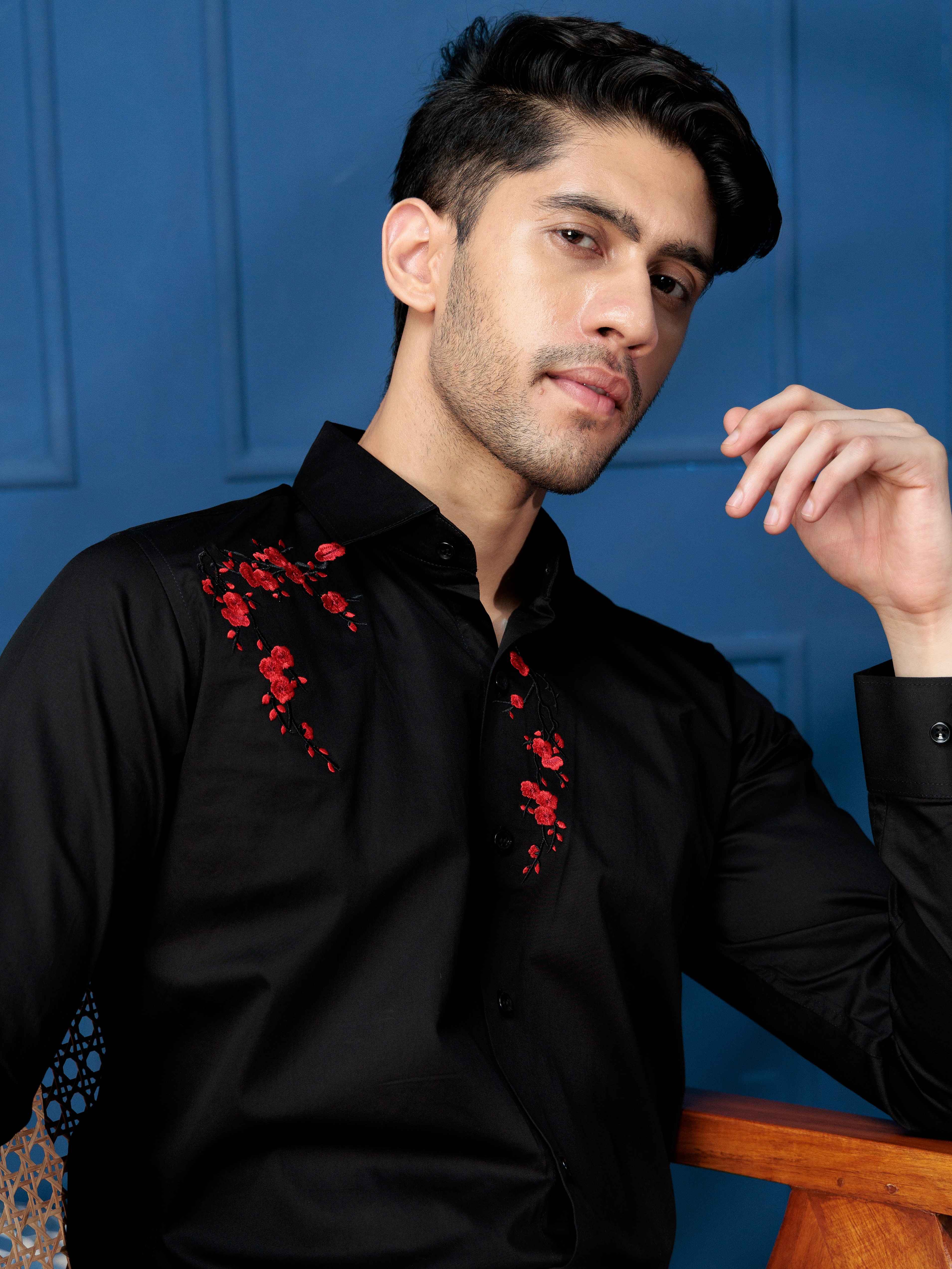 FOOMER BLACK FLOWER EMBROIDERED DESIGNER WEAR SATIN COTTON SHIRT FOR MEN - Image 6