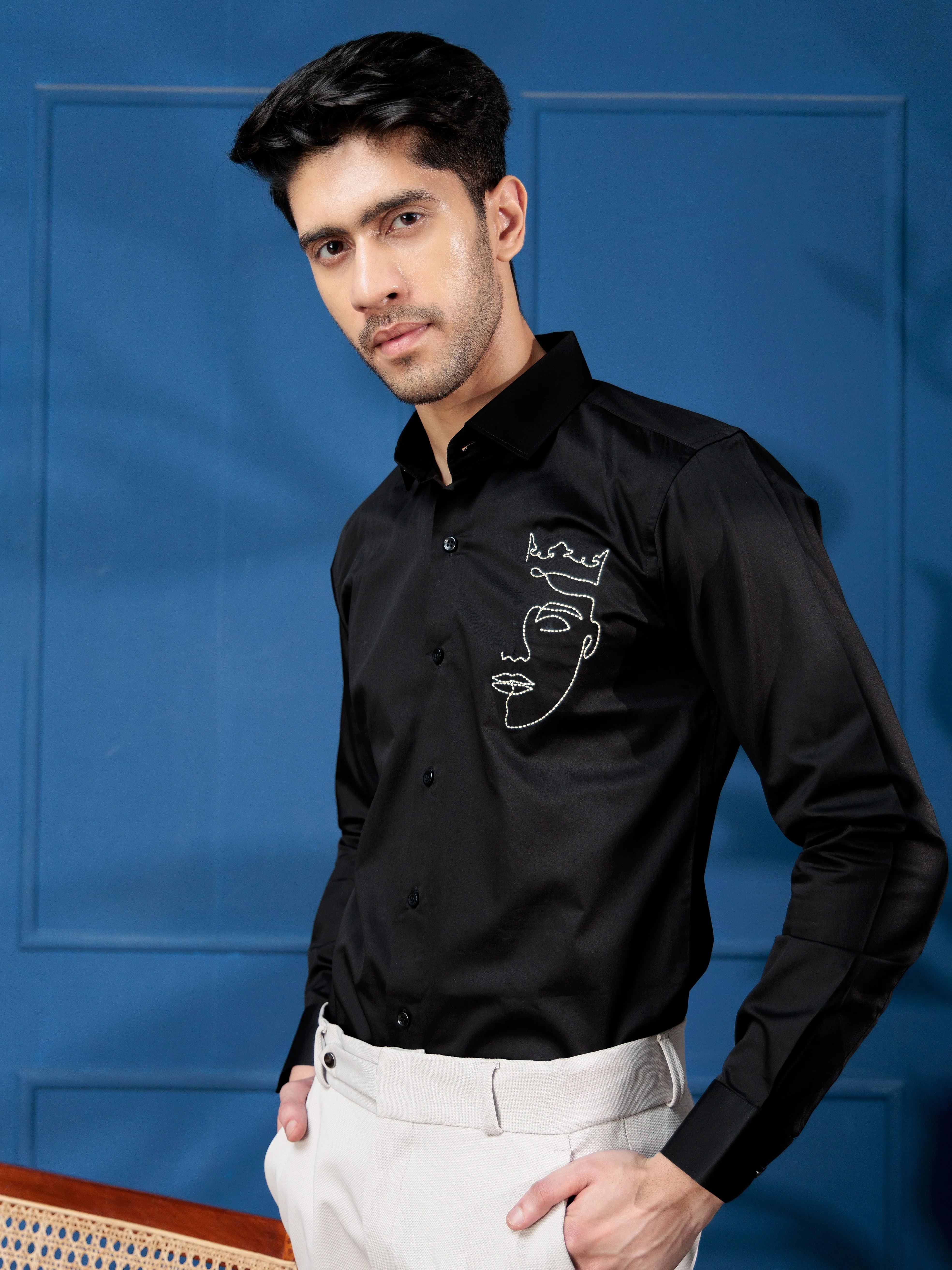 FOOMER BLACK LINE EMBROIDERED DESIGNER WEAR SATIN COTTON SHIRT FOR MEN - Image 4