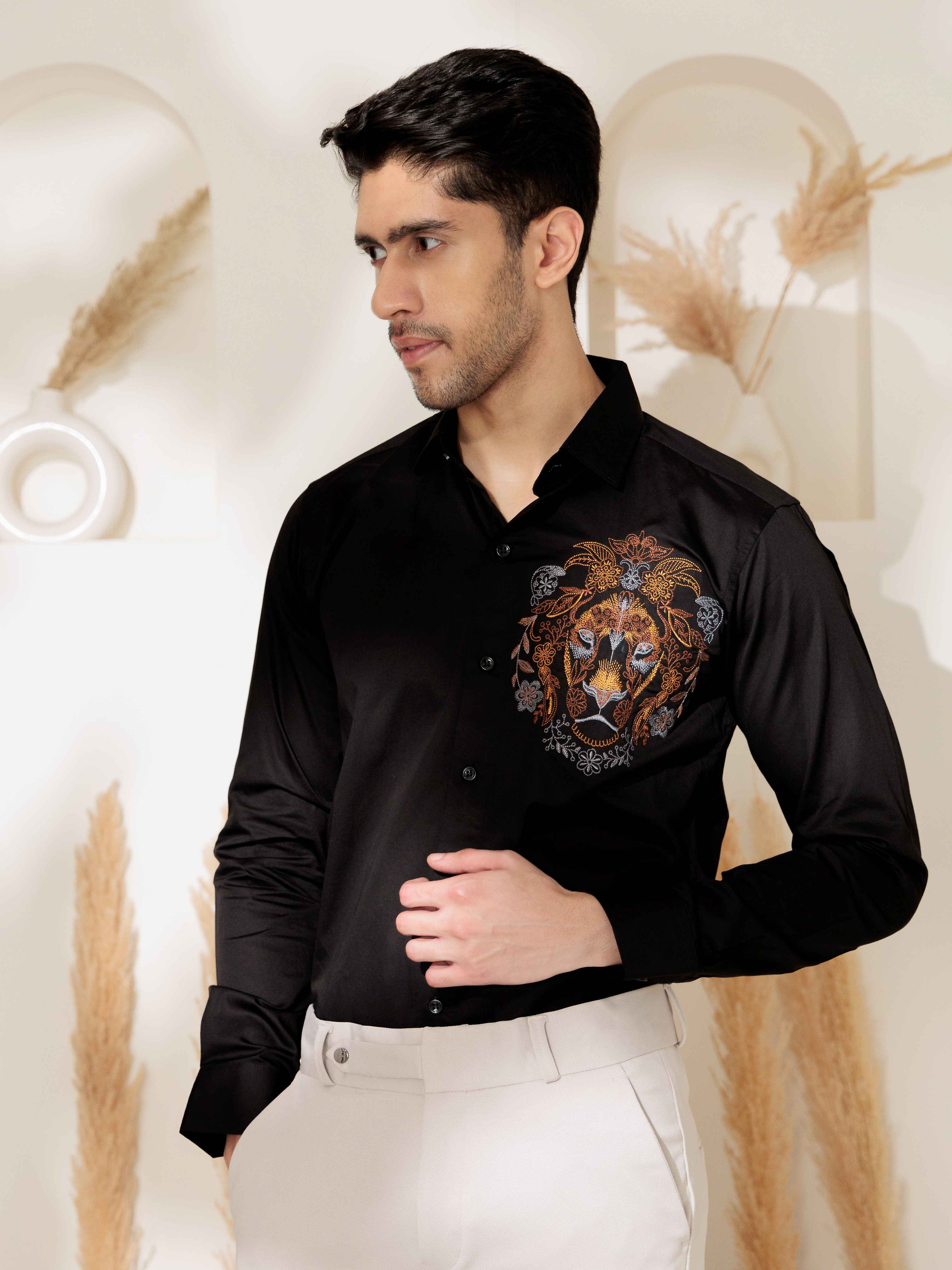 FOOMER BLACK LION EMBROIDERED CLUB WEAR SATIN COTTON SHIRT - Image 3
