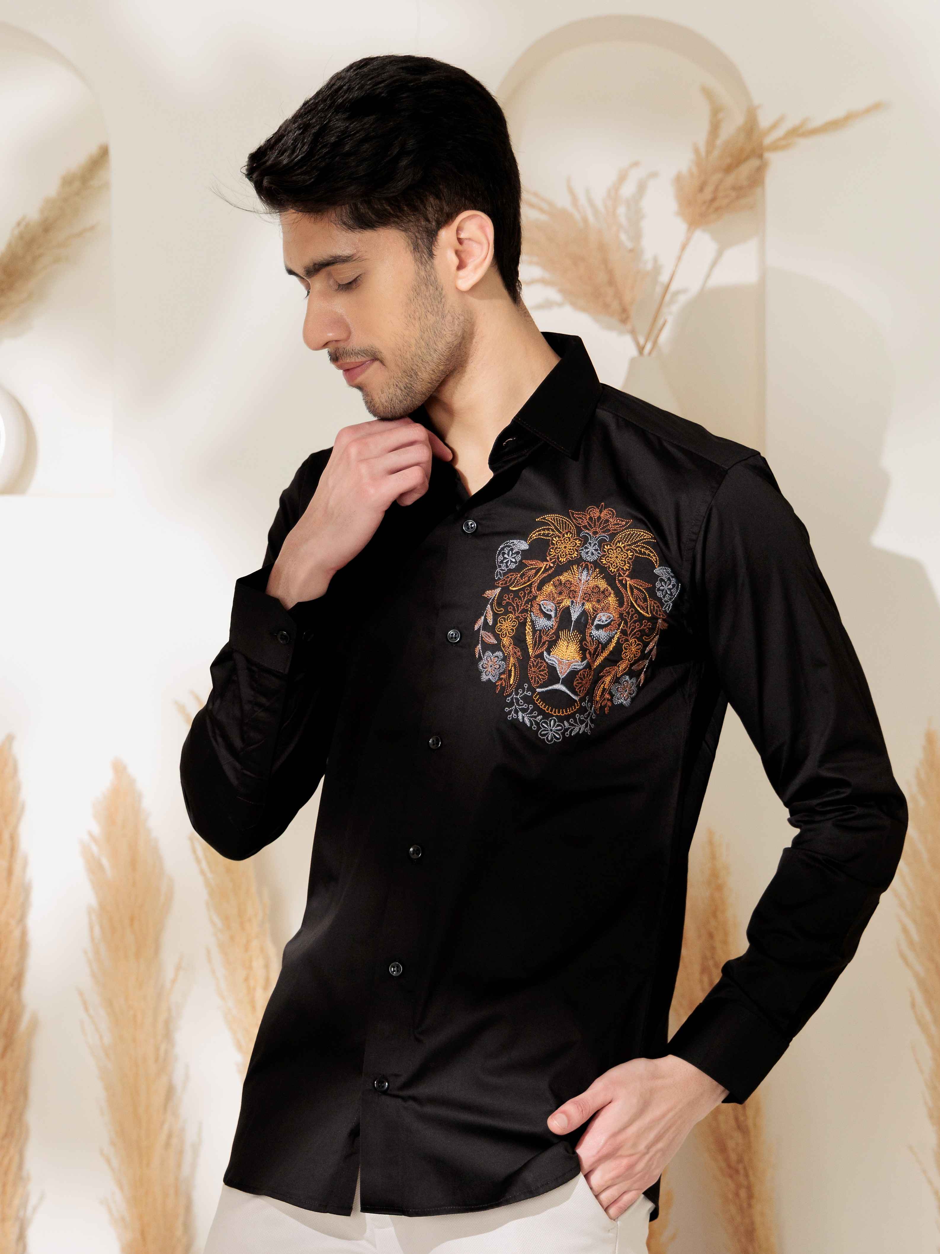 FOOMER BLACK LION EMBROIDERED CLUB WEAR SATIN COTTON SHIRT - Image 4