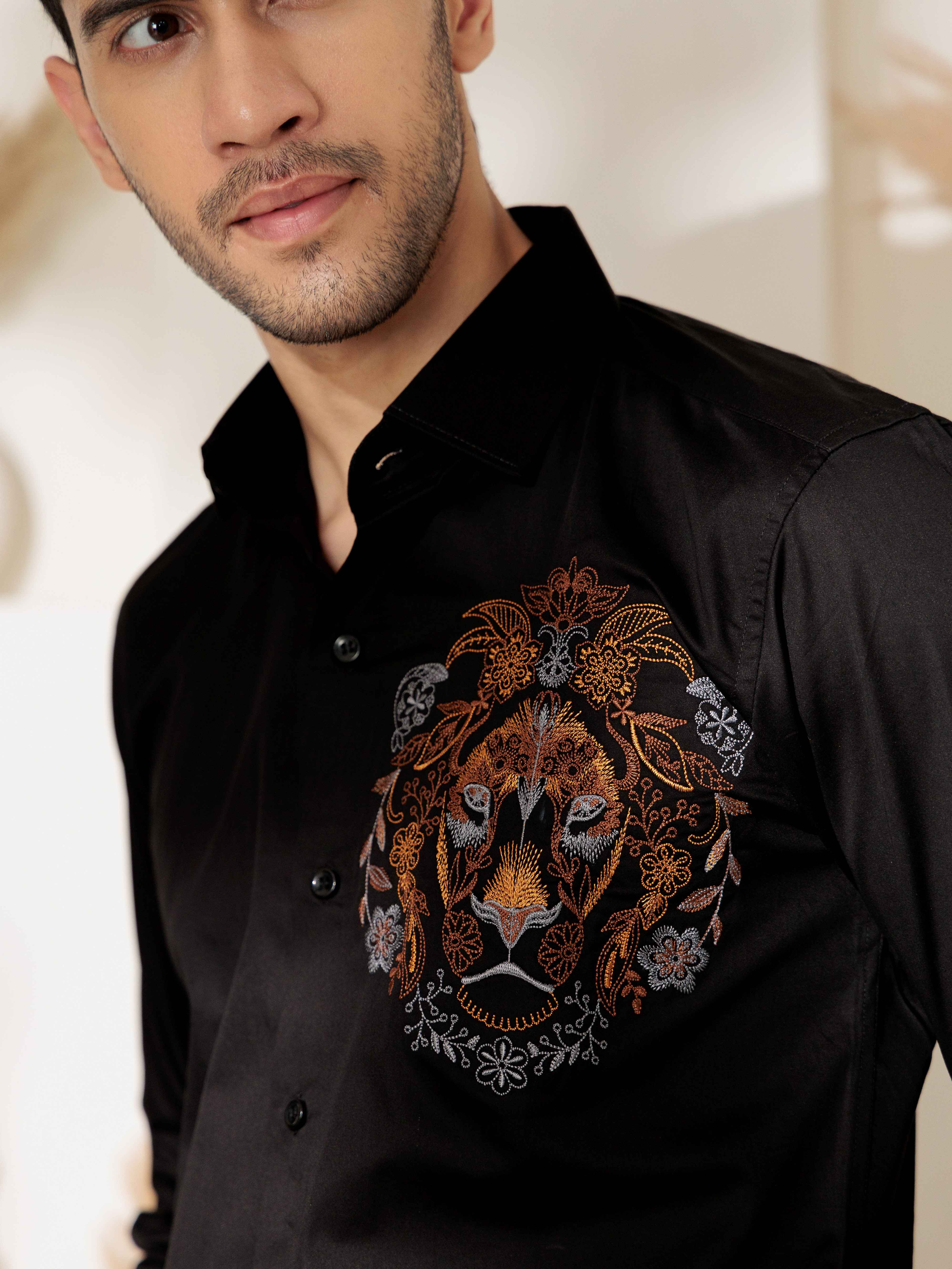 FOOMER BLACK LION EMBROIDERED CLUB WEAR SATIN COTTON SHIRT - Image 5