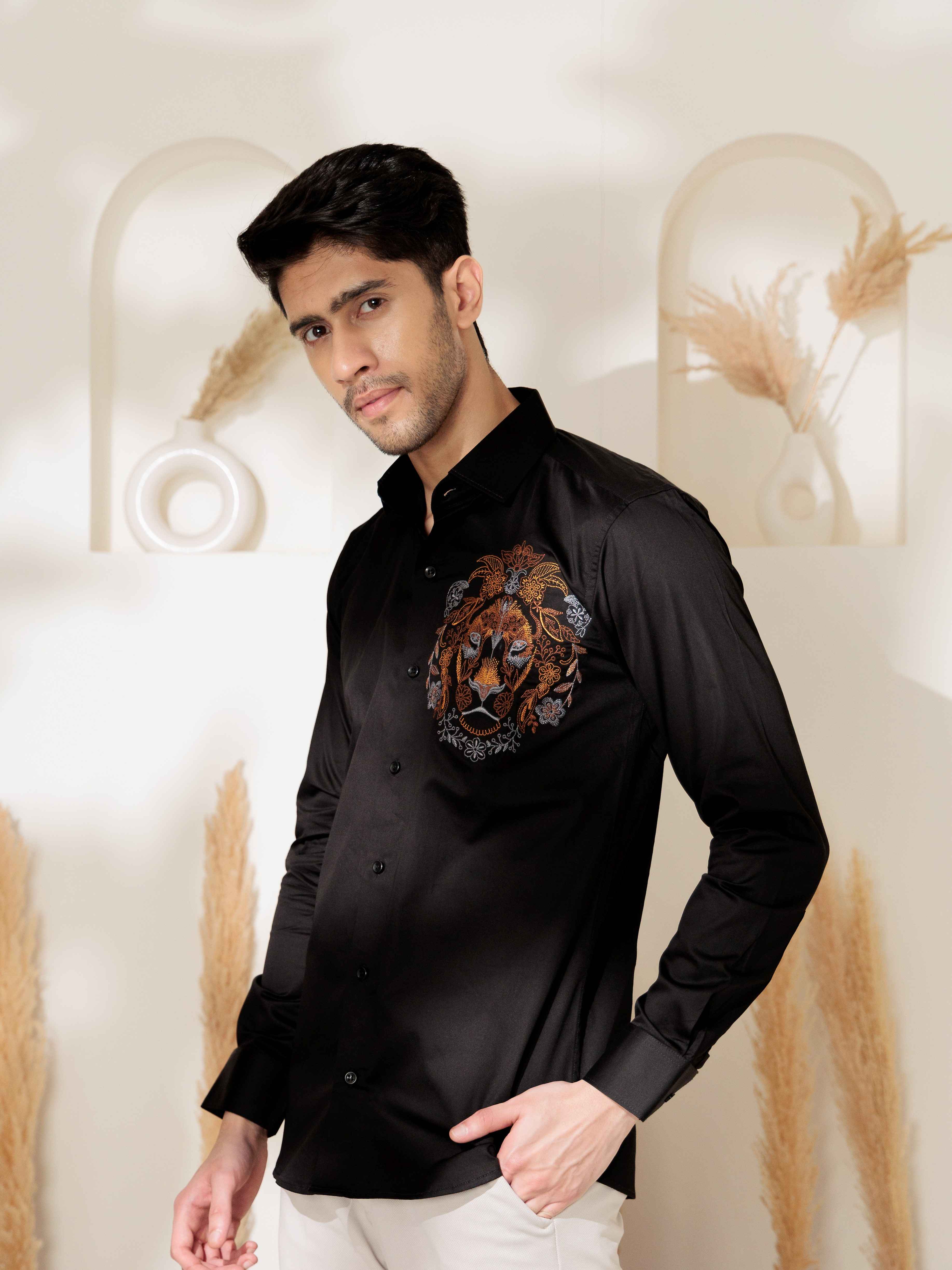 FOOMER BLACK LION EMBROIDERED CLUB WEAR SATIN COTTON SHIRT - Image 6