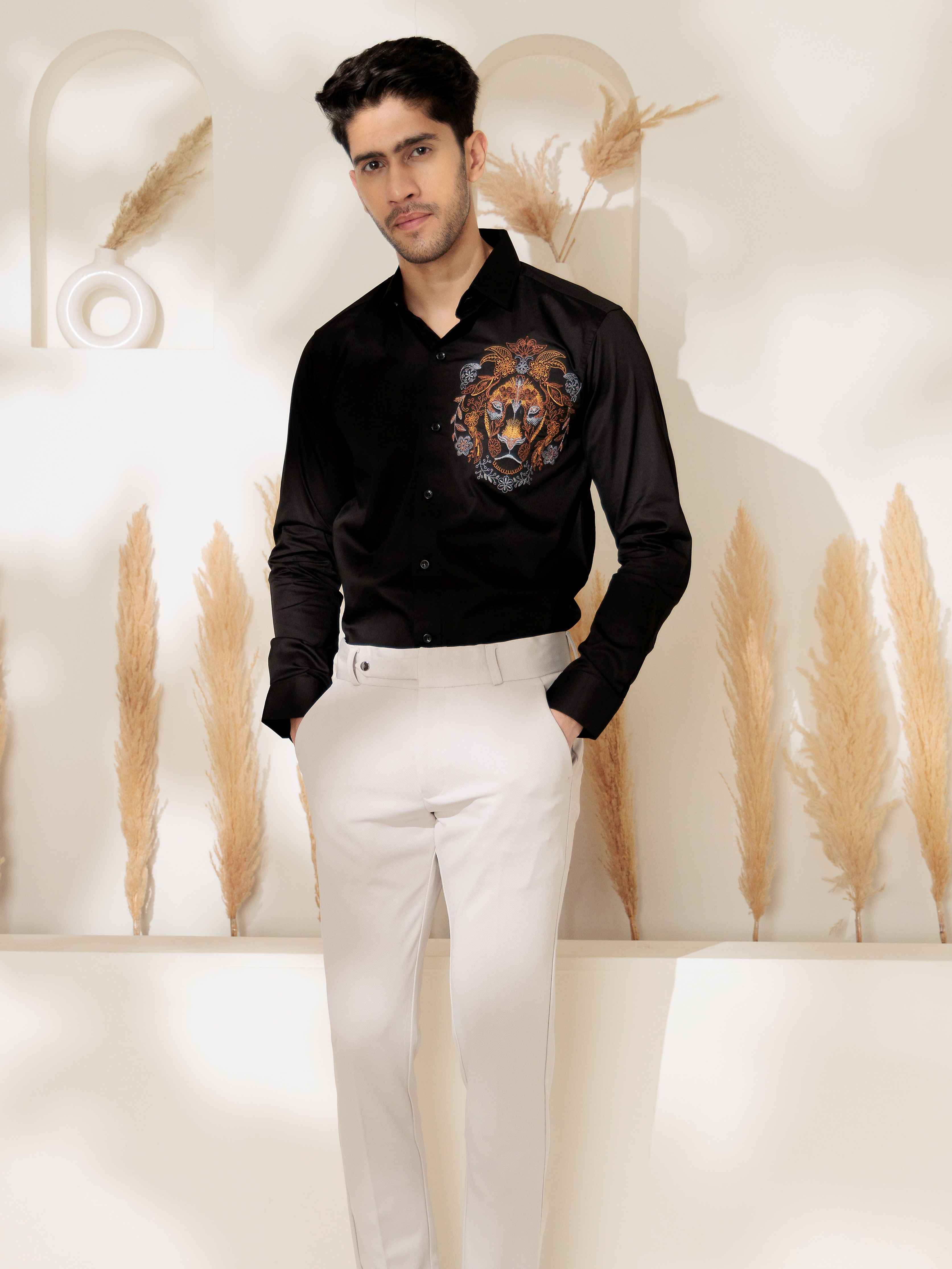 FOOMER BLACK LION EMBROIDERED CLUB WEAR SATIN COTTON SHIRT - Image 7