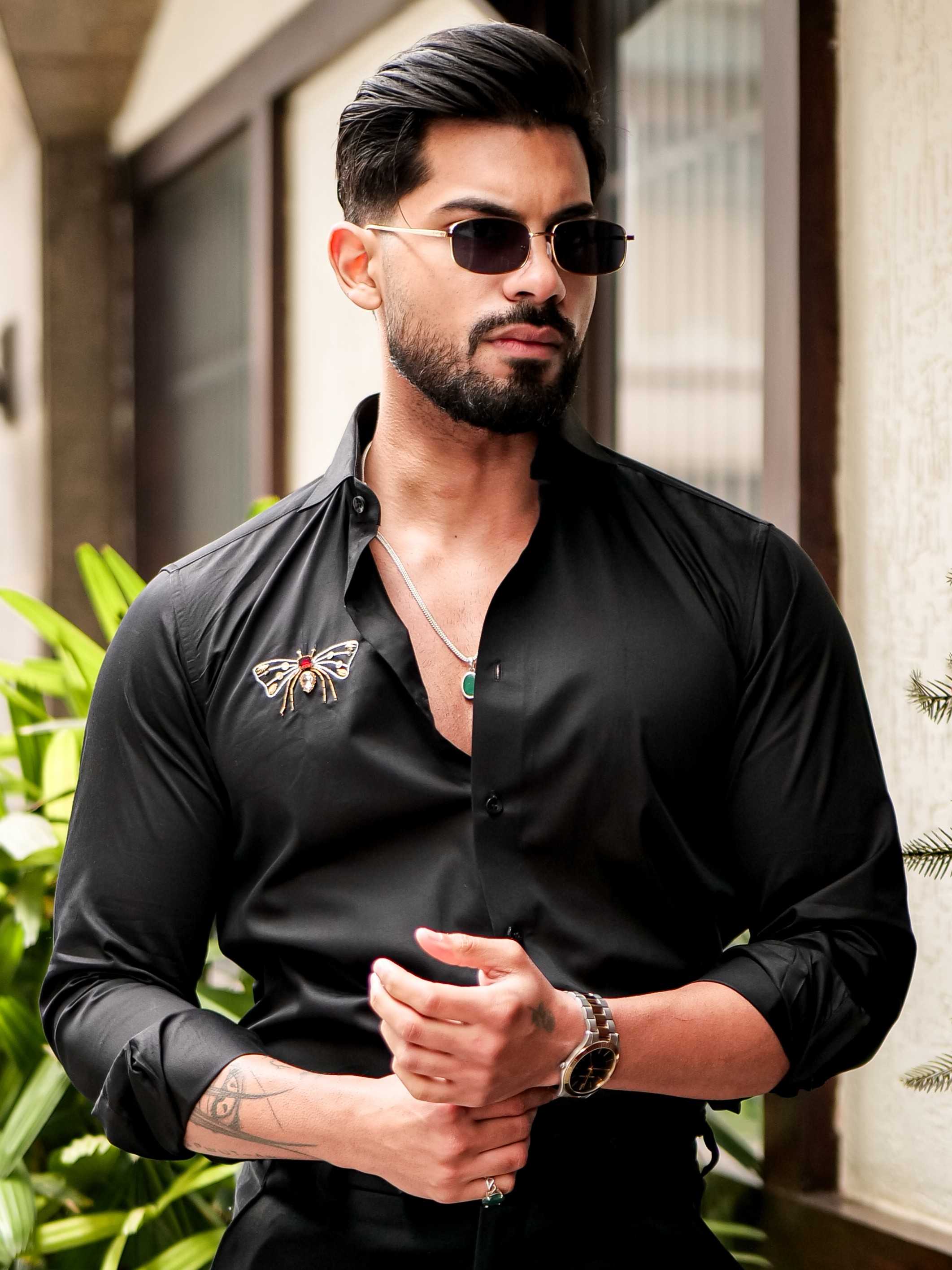 FOOMER BLACK RHINESTONE HAND WORK SATIN COTTON PREMIUM MEN'S SHIRT