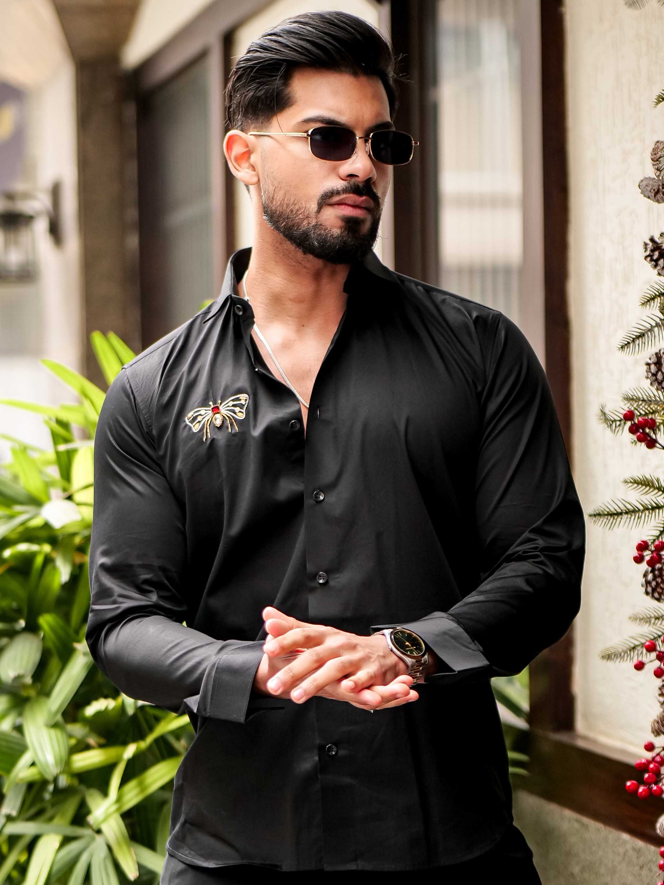 FOOMER BLACK RHINESTONE HAND WORK SATIN COTTON PREMIUM MEN'S SHIRT - Image 6