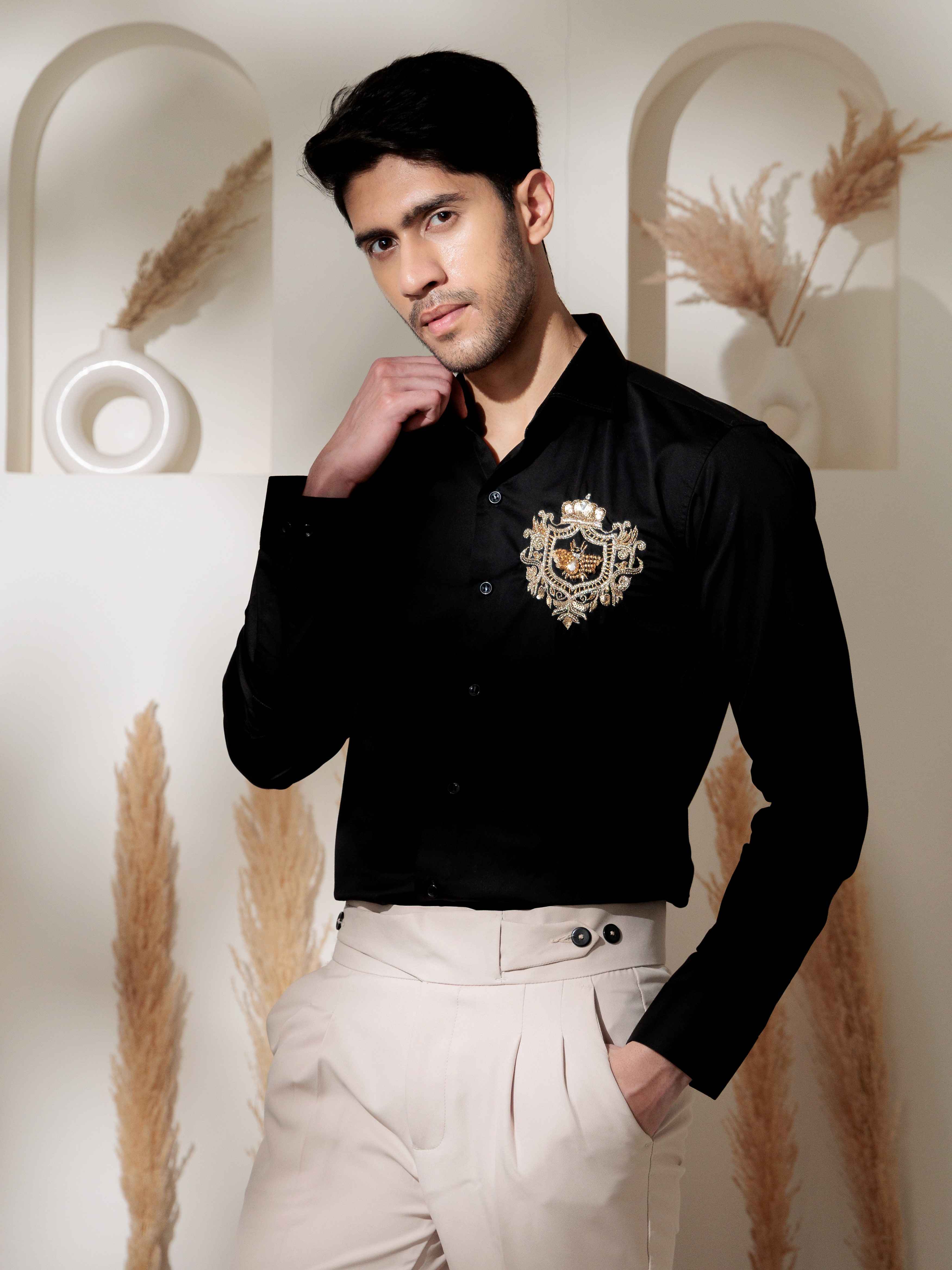 FOOMER BLACK RHINESTONE HAND WORK SATIN COTTON PREMIUM SHIRT