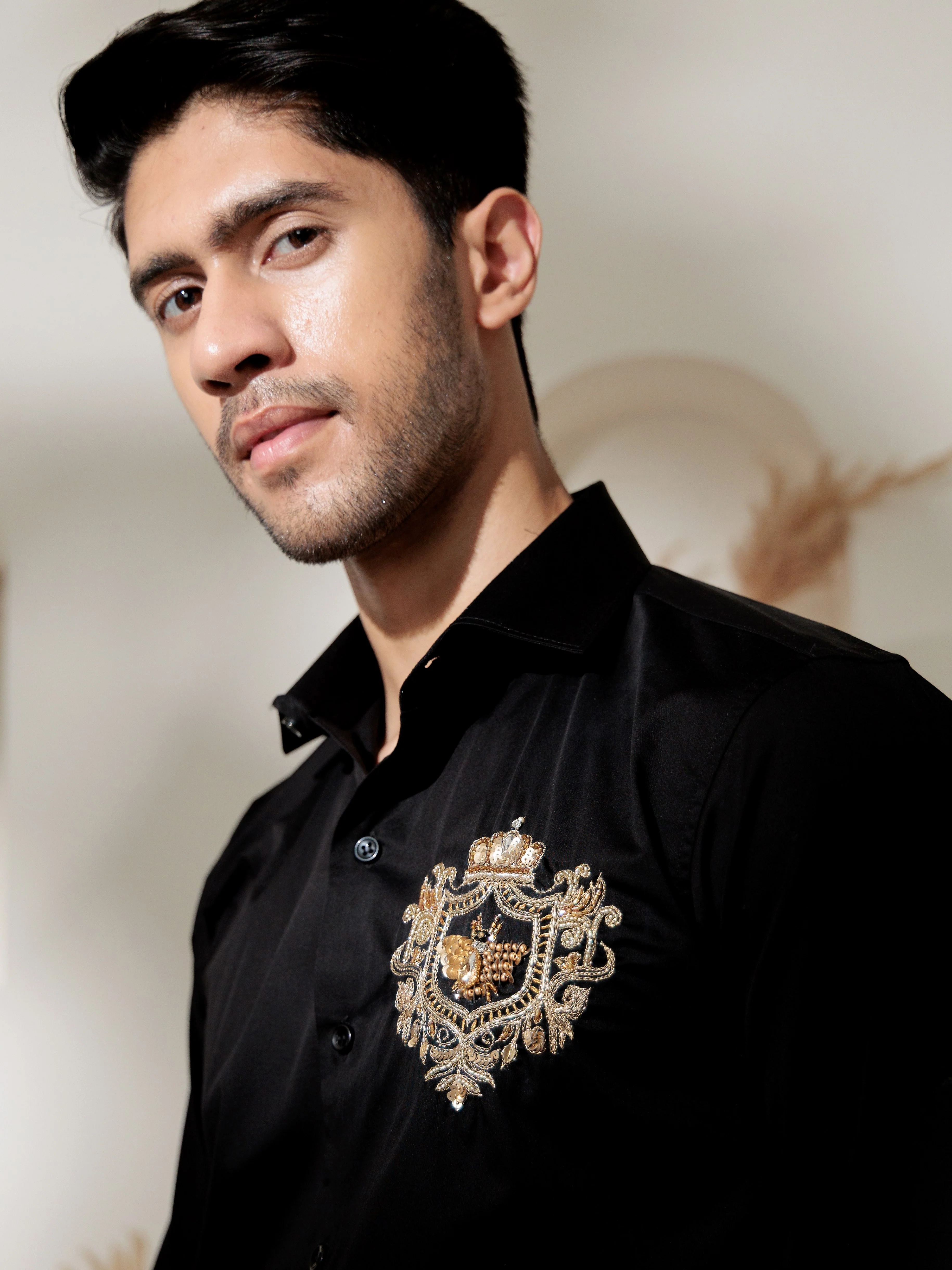 FOOMER BLACK RHINESTONE HAND WORK SATIN COTTON PREMIUM SHIRT - Image 3