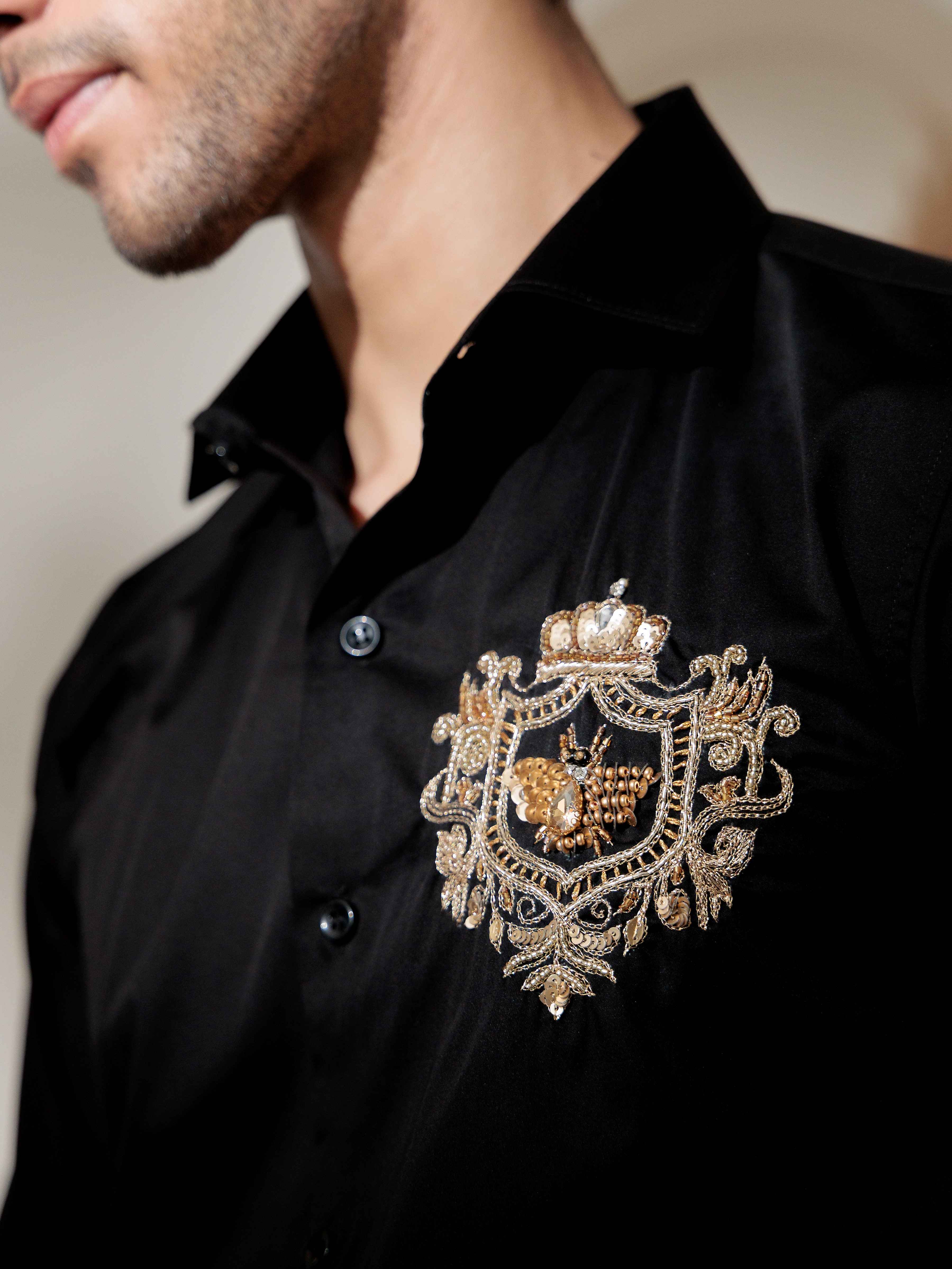 FOOMER BLACK RHINESTONE HAND WORK SATIN COTTON PREMIUM SHIRT - Image 4