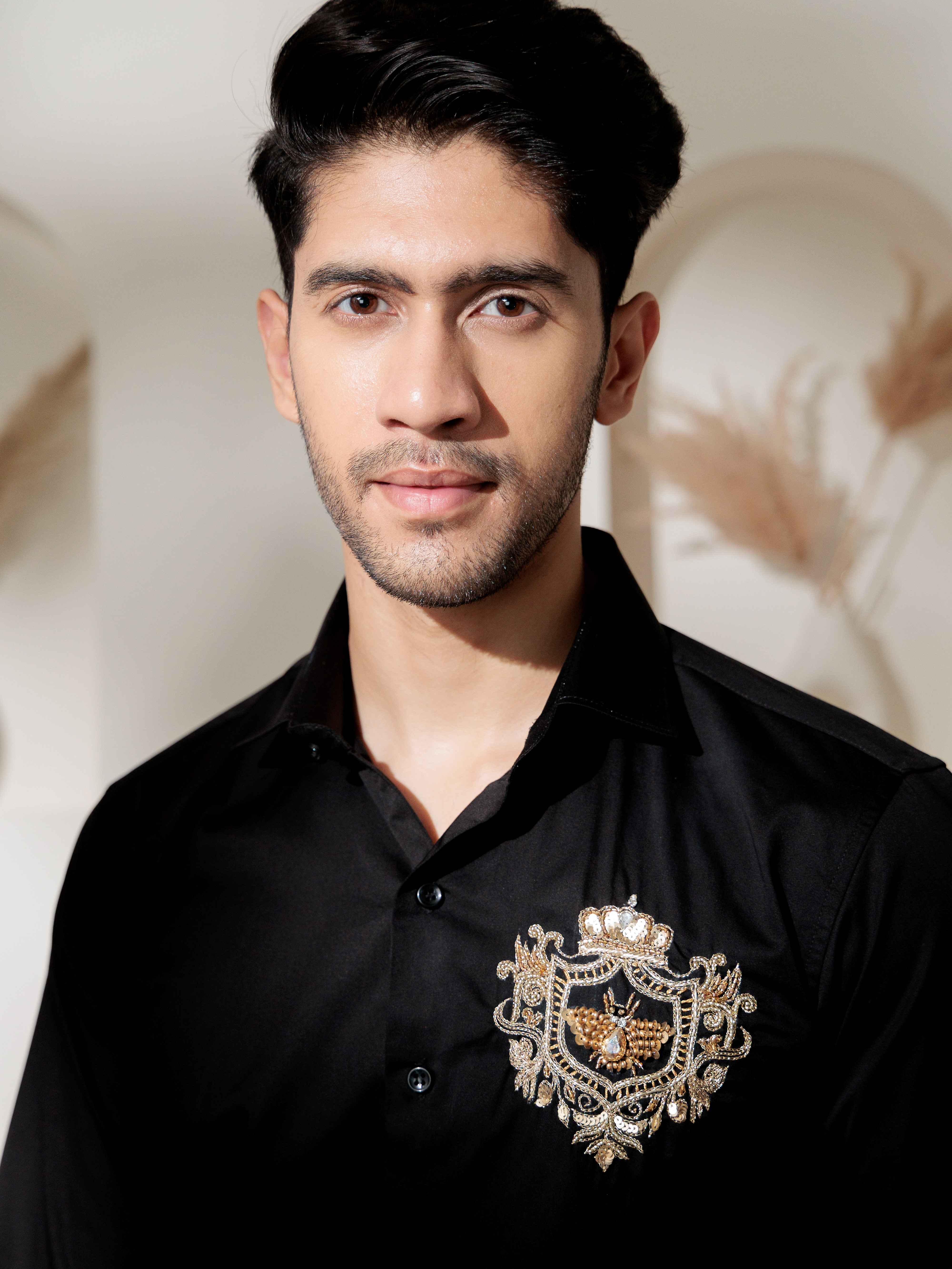 FOOMER BLACK RHINESTONE HAND WORK SATIN COTTON PREMIUM SHIRT - Image 5
