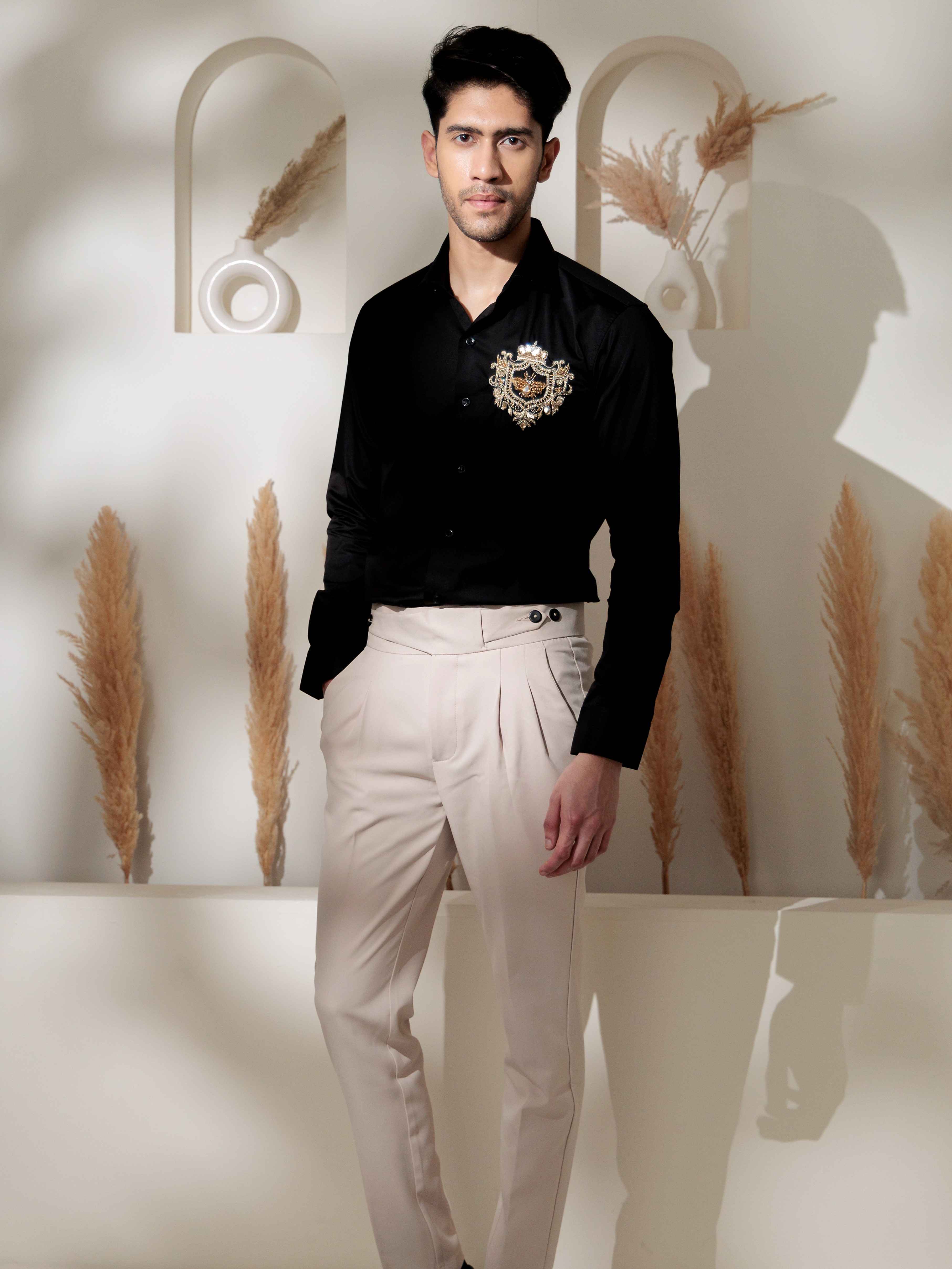 FOOMER BLACK RHINESTONE HAND WORK SATIN COTTON PREMIUM SHIRT - Image 6