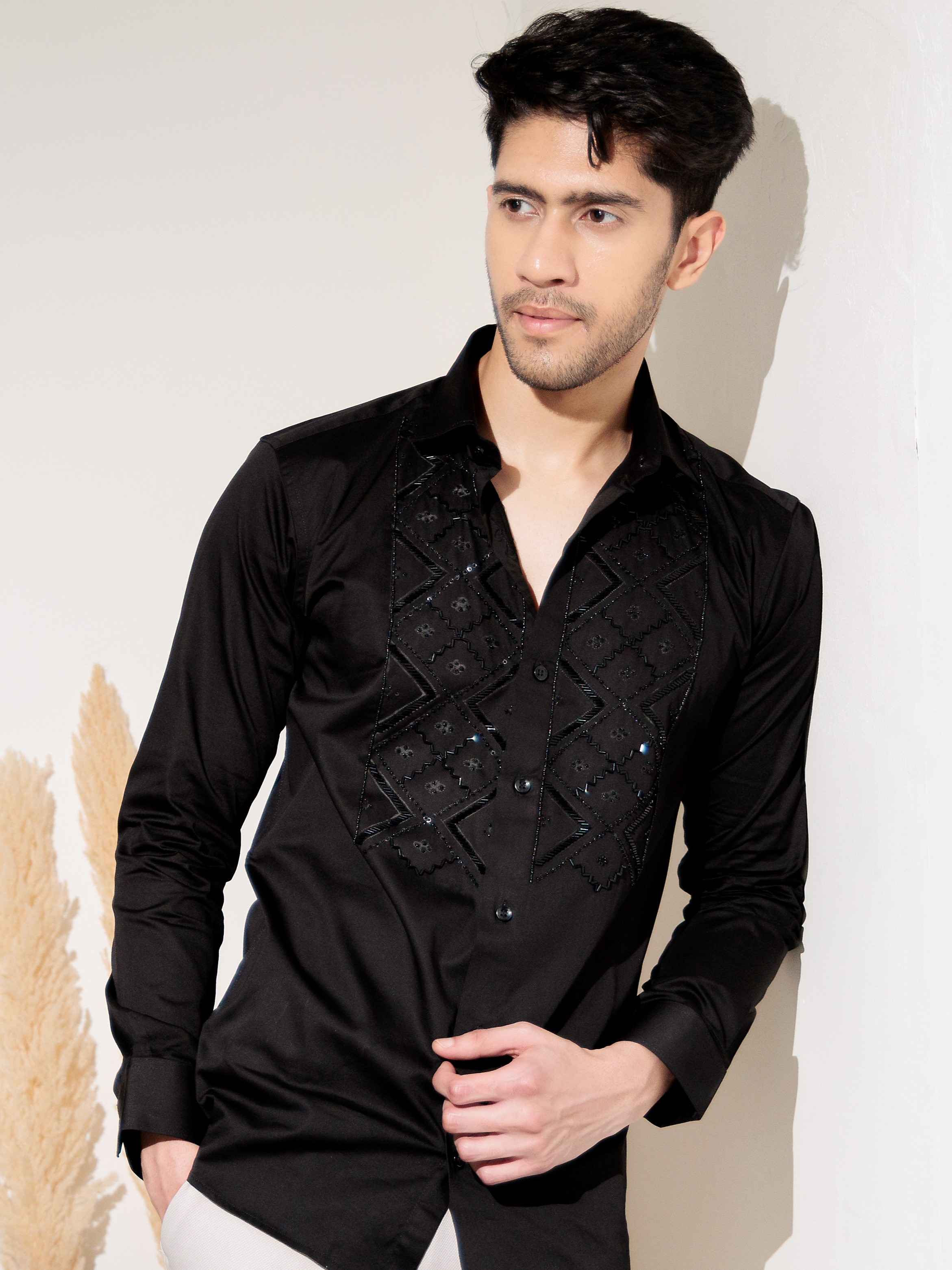 FOOMER BLACK RHINESTONE HAND WORK SATIN COTTON SHIRT FOR MEN