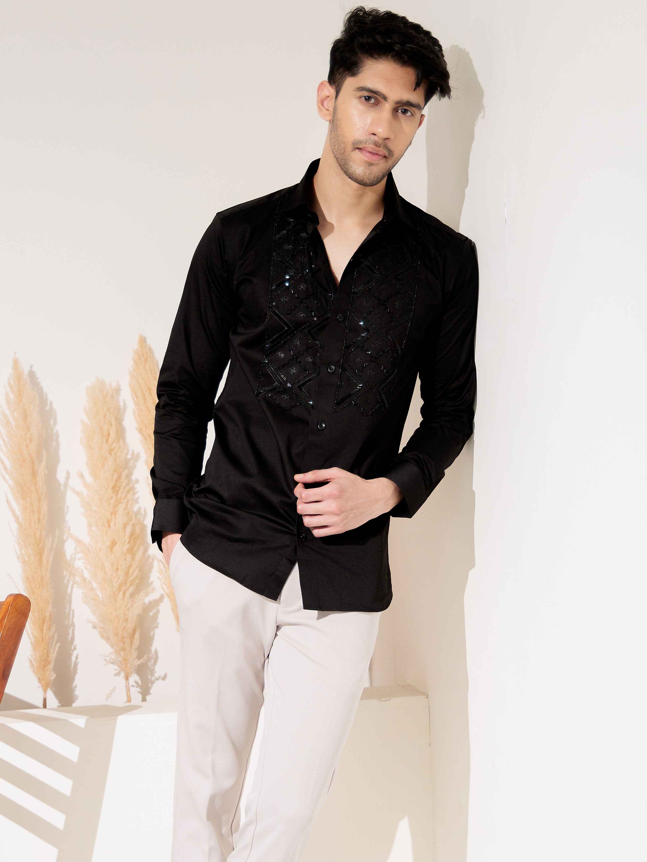FOOMER BLACK RHINESTONE HAND WORK SATIN COTTON SHIRT FOR MEN - Image 3