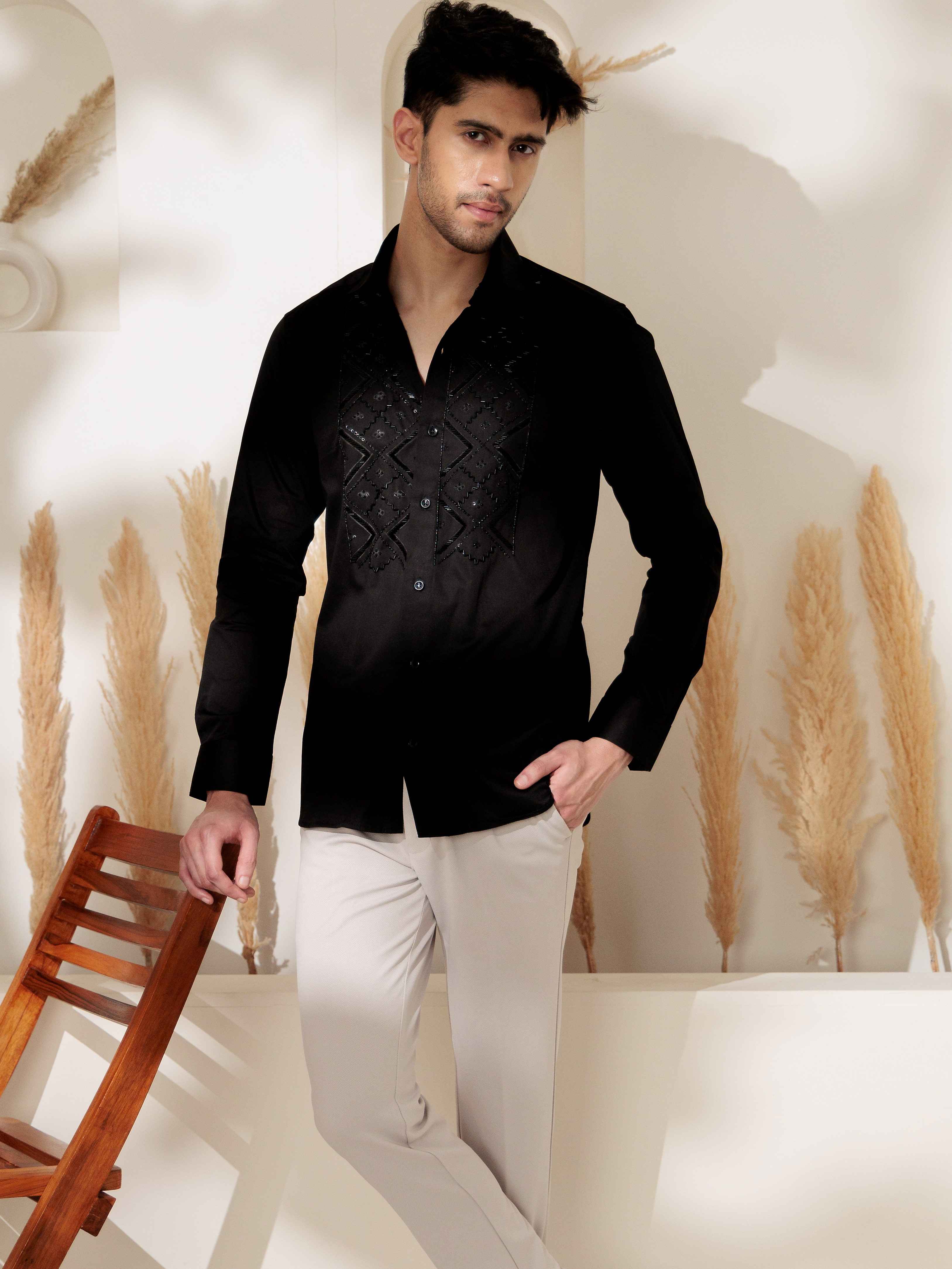FOOMER BLACK RHINESTONE HAND WORK SATIN COTTON SHIRT FOR MEN - Image 5
