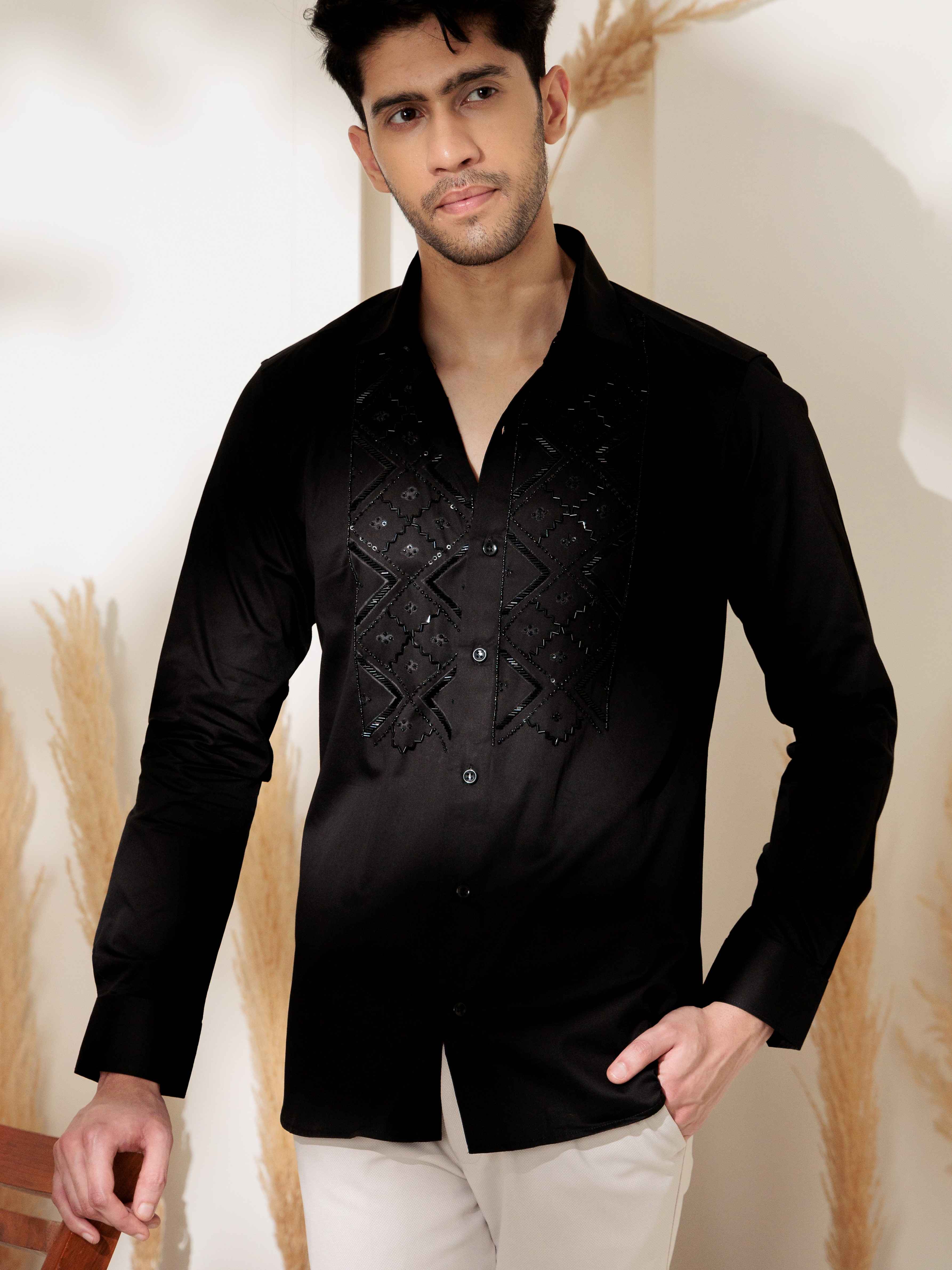 FOOMER BLACK RHINESTONE HAND WORK SATIN COTTON SHIRT FOR MEN - Image 6