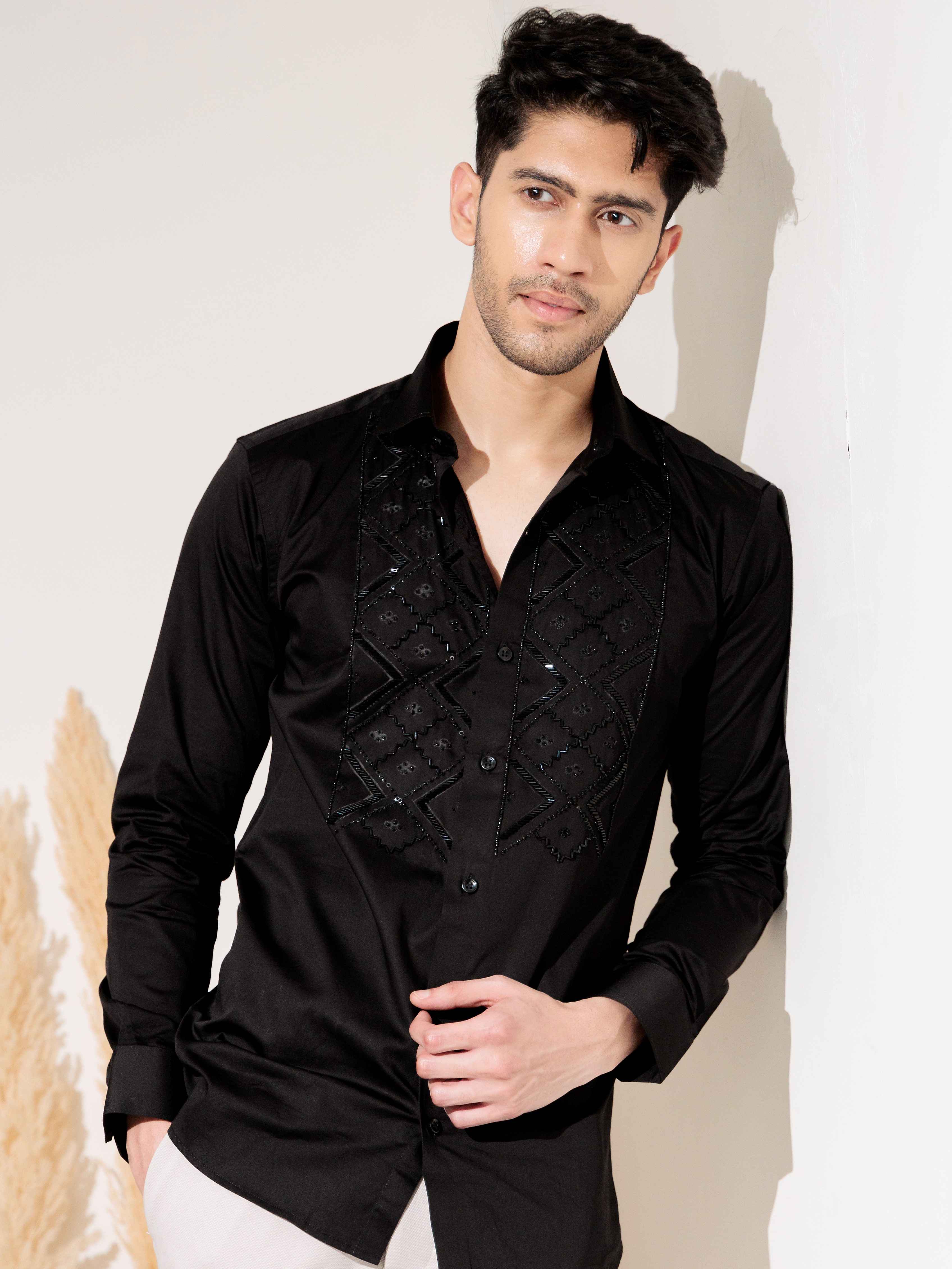 FOOMER BLACK RHINESTONE HAND WORK SATIN COTTON SHIRT FOR MEN - Image 7