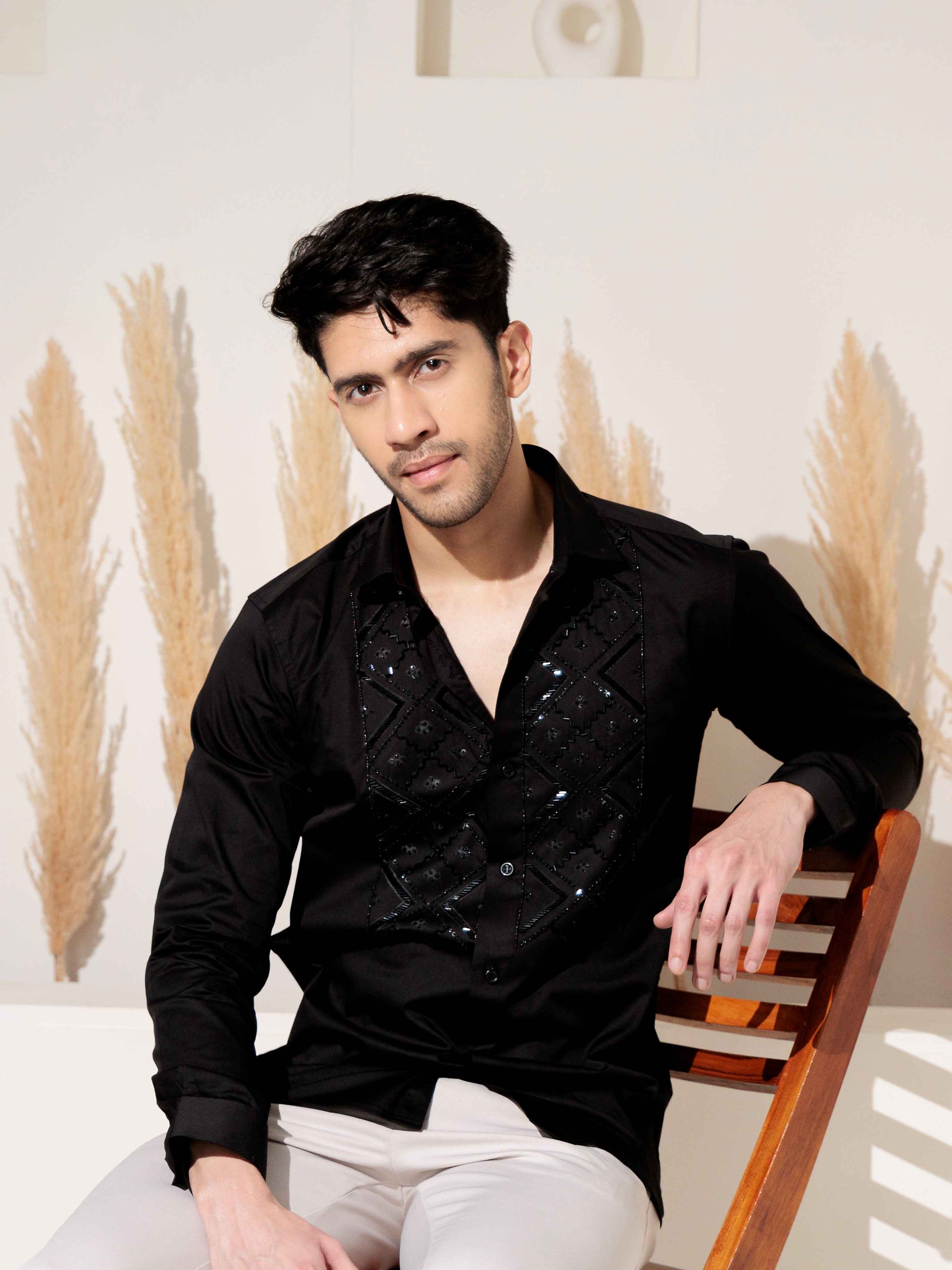 FOOMER BLACK RHINESTONE HAND WORK SATIN COTTON SHIRT FOR MEN - Image 8
