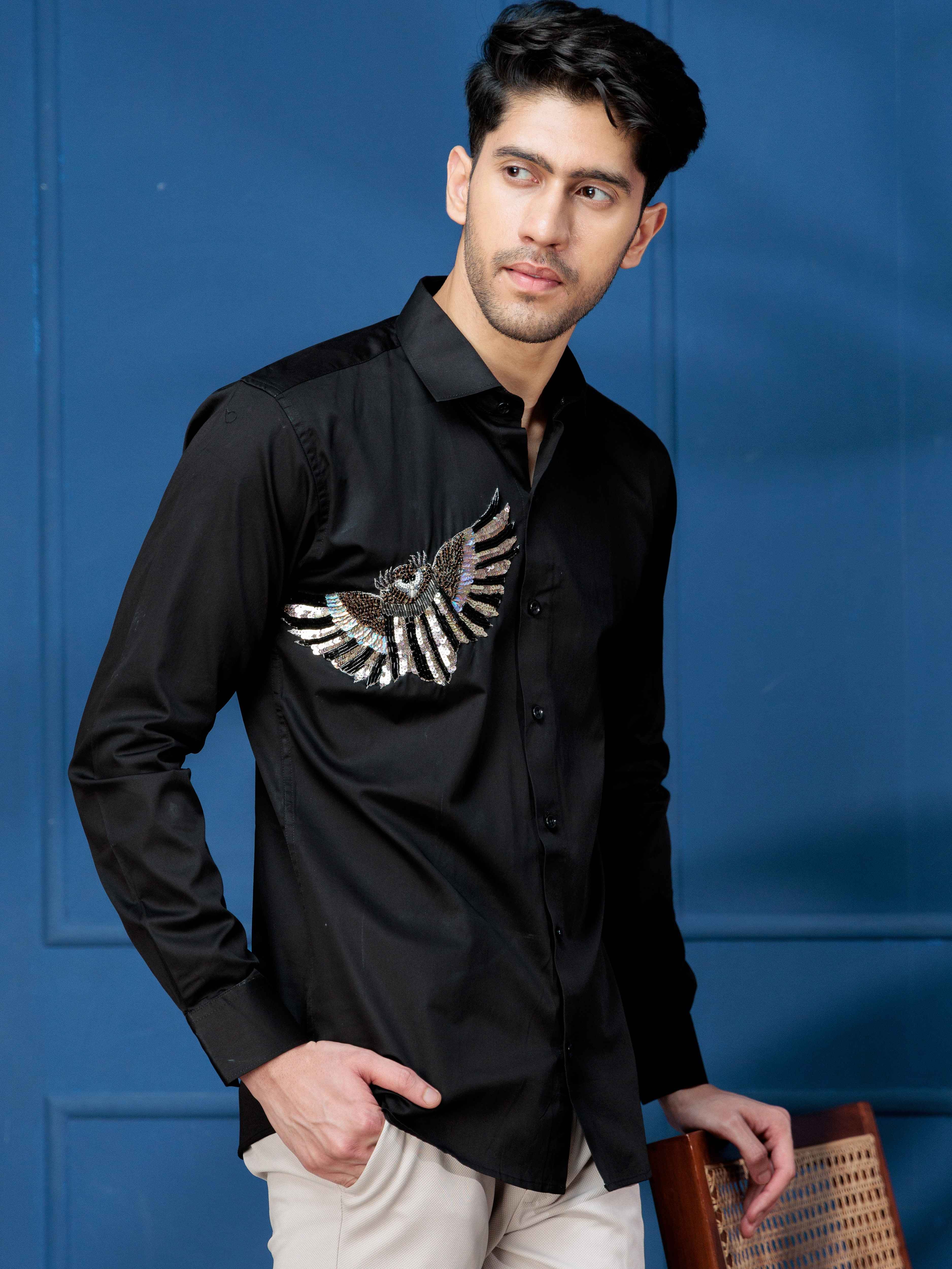 FOOMER BLACK RHINESTONE PARTY SATIN COTTON SHIRT FOR MEN