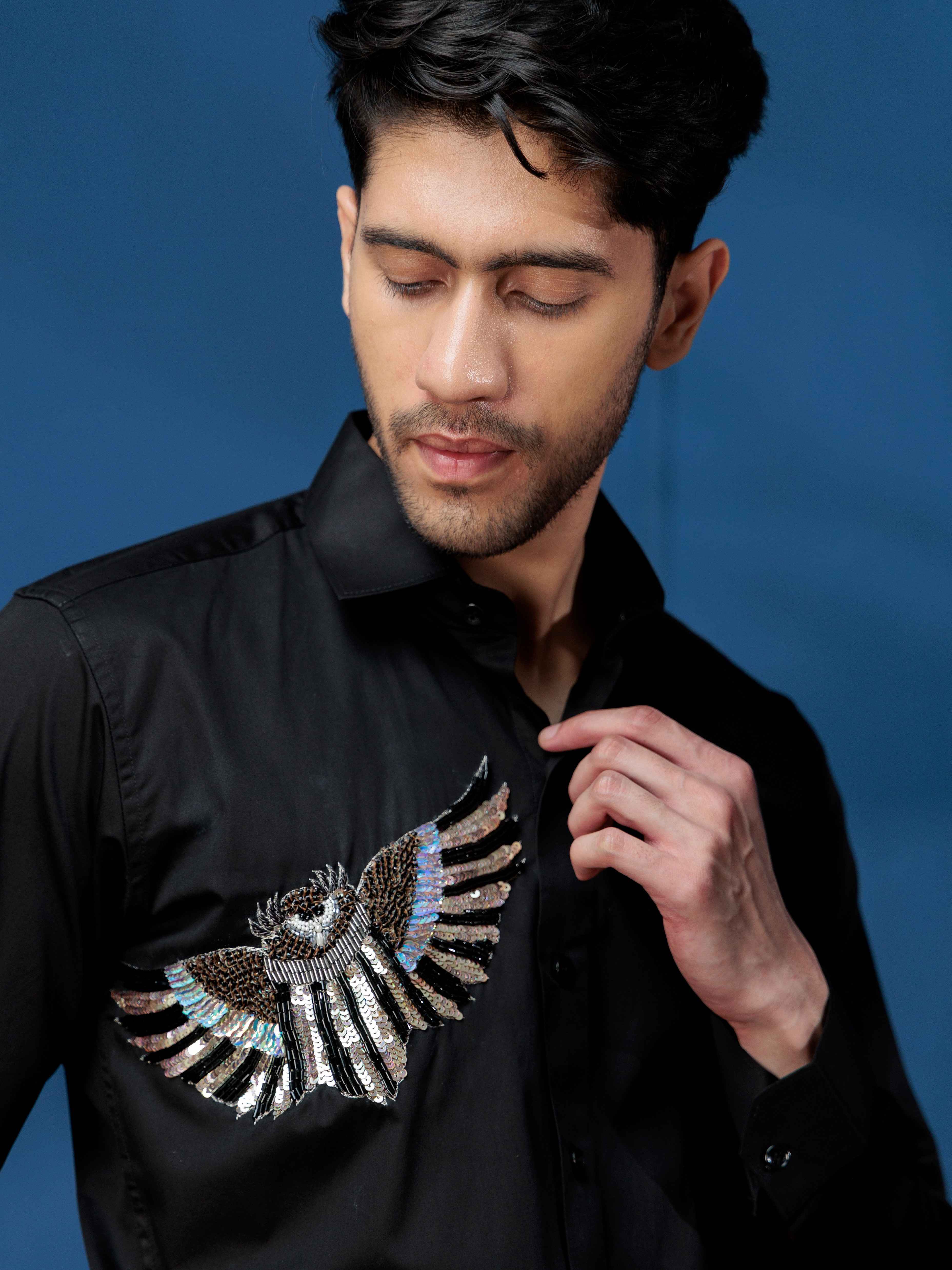 FOOMER BLACK RHINESTONE PARTY SATIN COTTON SHIRT FOR MEN - Image 5