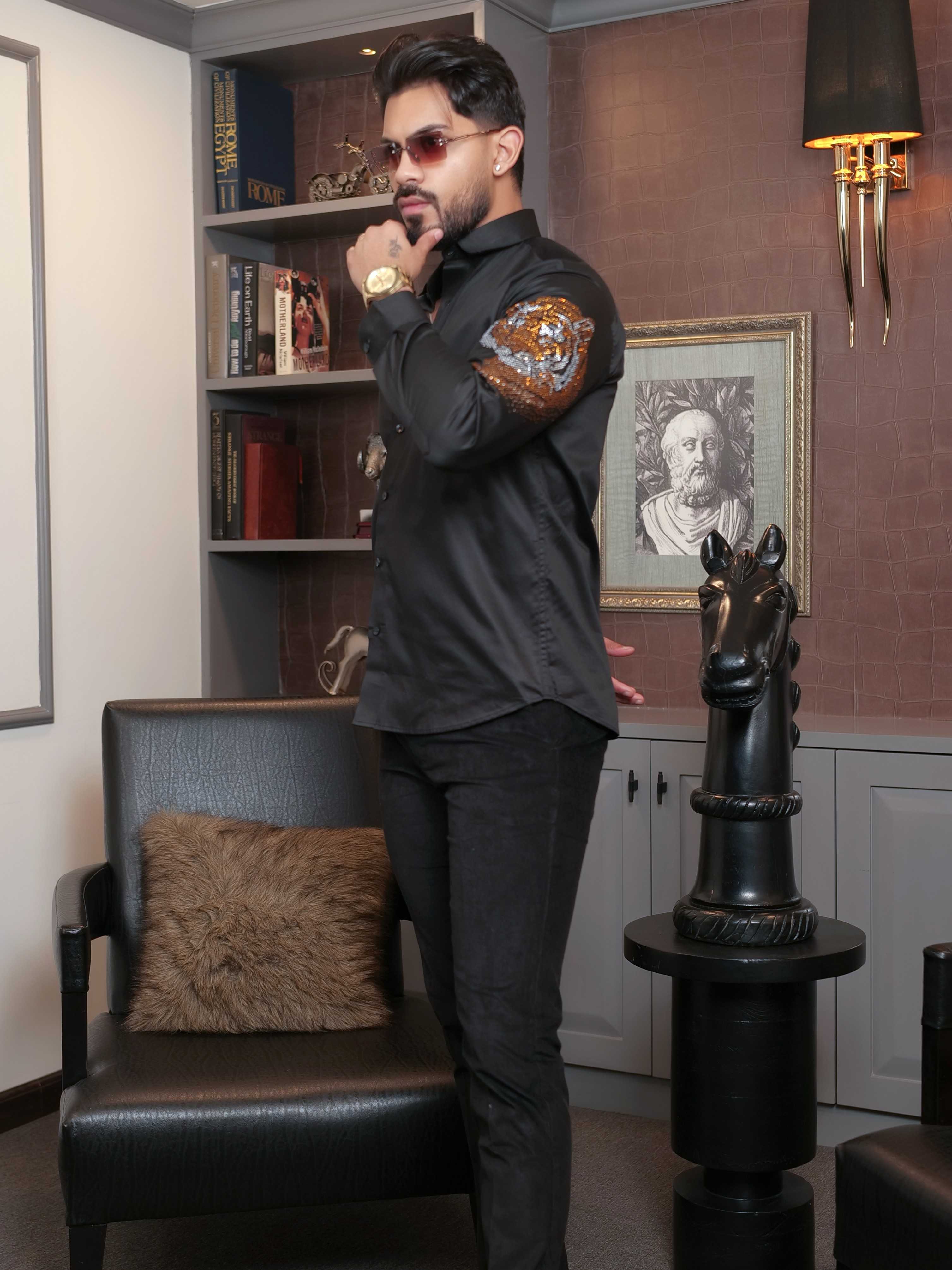 FOOMER BLACK STARRY BEADED TIGER CLUB WEAR SATIN COTTON SHIRT FOR MEN'S - Image 6
