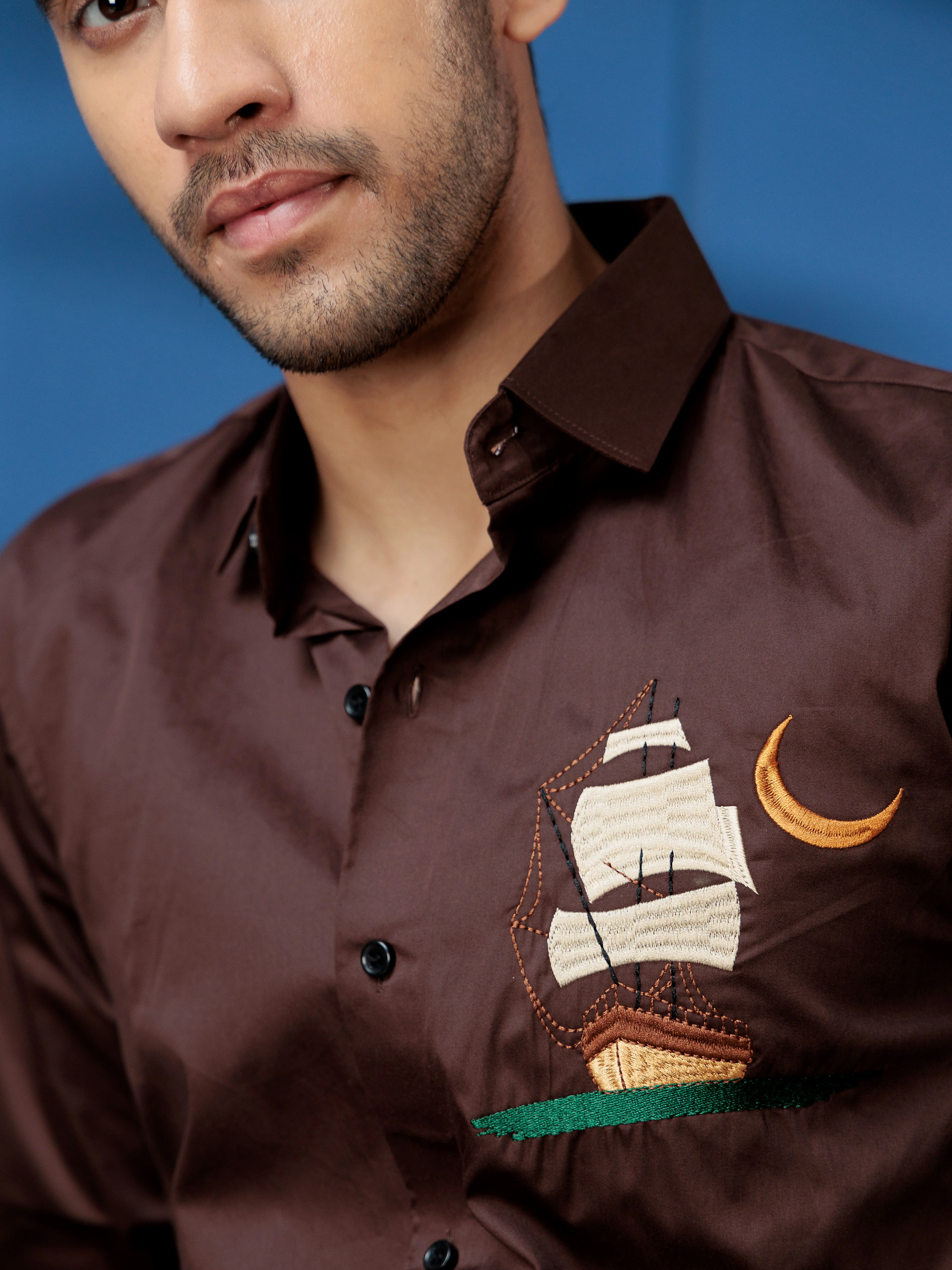 FOOMER BROWN BOAT EMBROIDERED CLUB WEAR SATIN COTTON SHIRT - Image 2