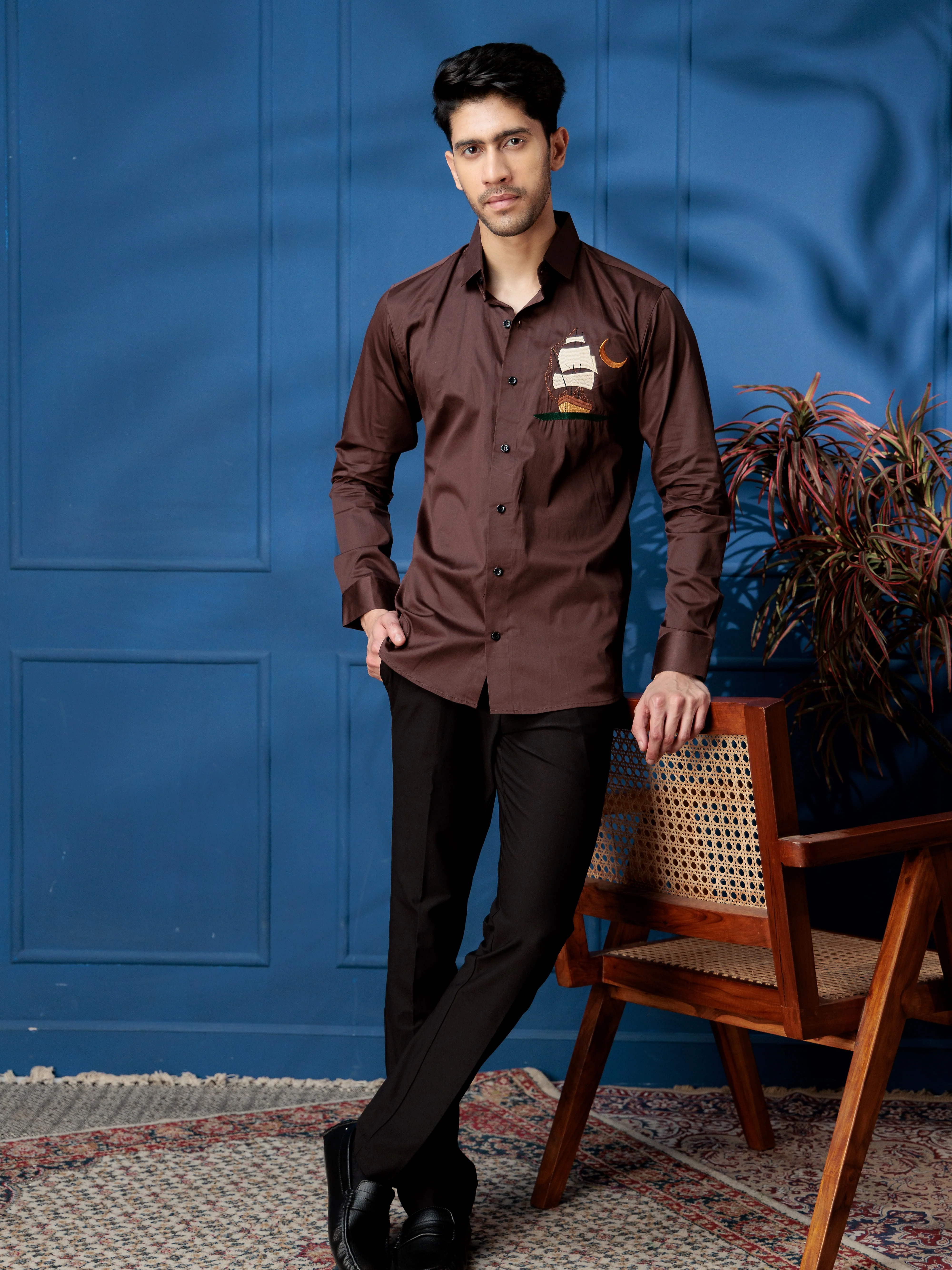 FOOMER BROWN BOAT EMBROIDERED CLUB WEAR SATIN COTTON SHIRT - Image 3