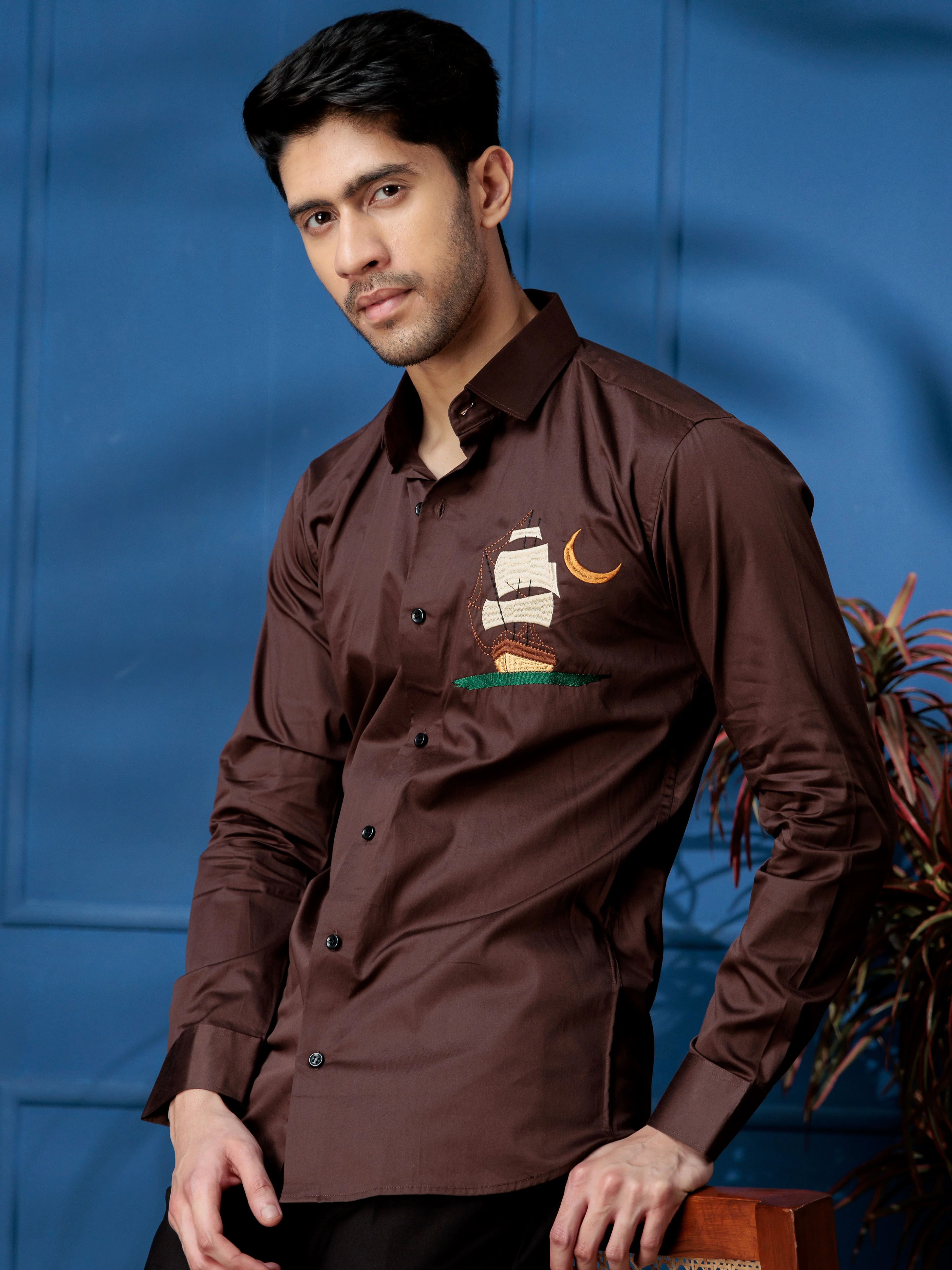 FOOMER BROWN BOAT EMBROIDERED CLUB WEAR SATIN COTTON SHIRT - Image 4