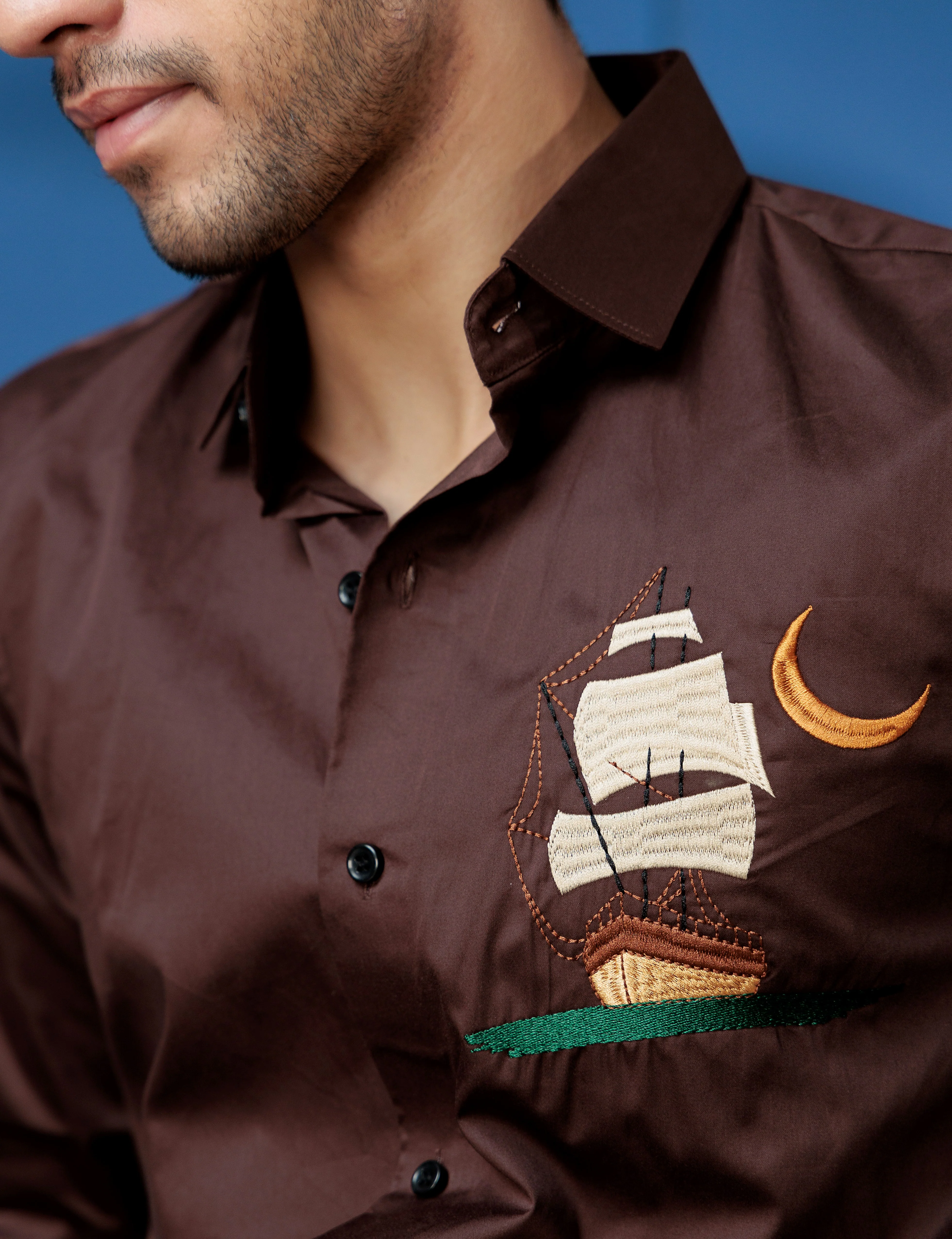 FOOMER BROWN BOAT EMBROIDERED CLUB WEAR SATIN COTTON SHIRT - Image 5