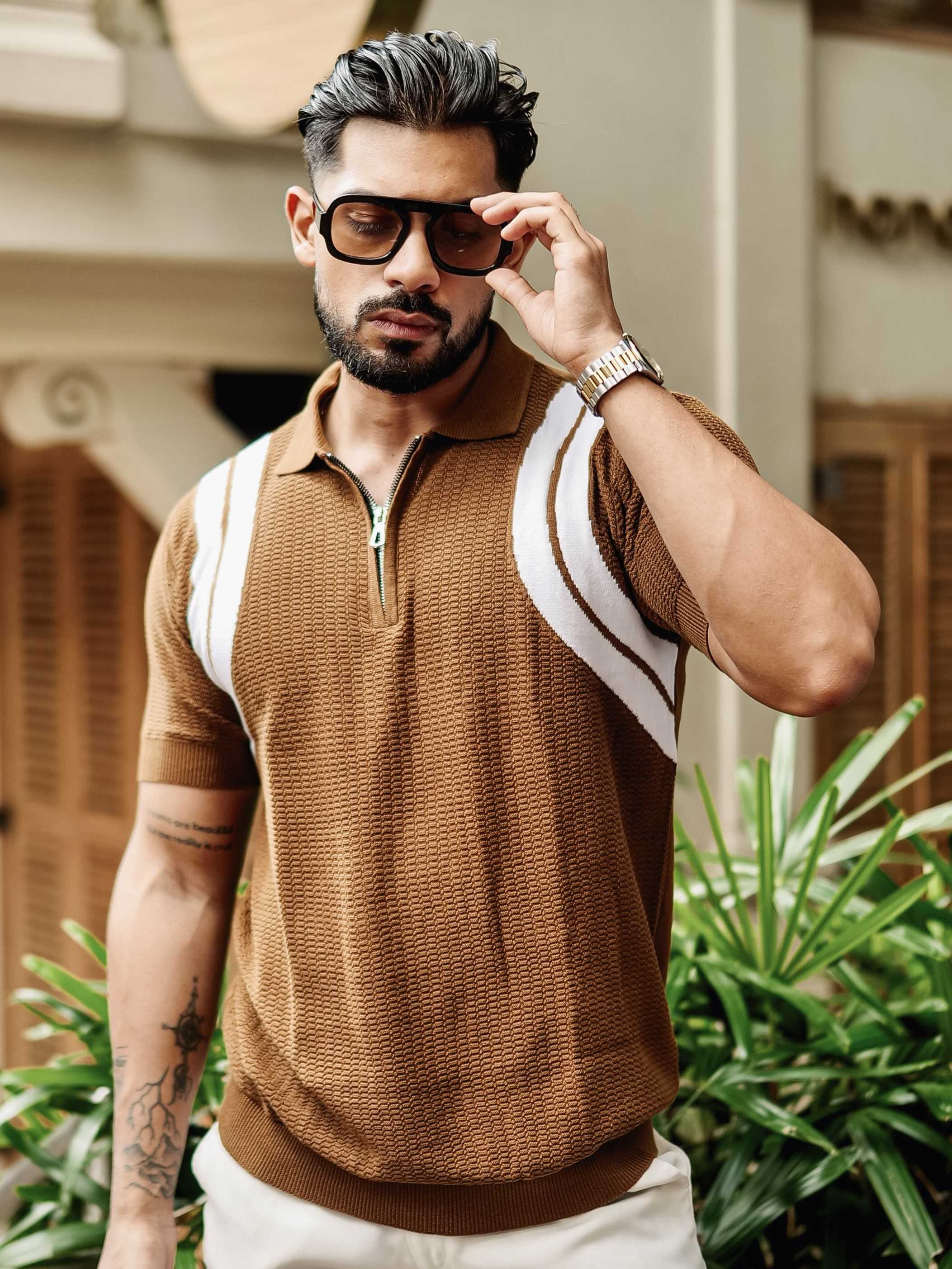 FOOMER BROWN HALF SLEEVE KNITTED TSHIRT FOR MEN'S