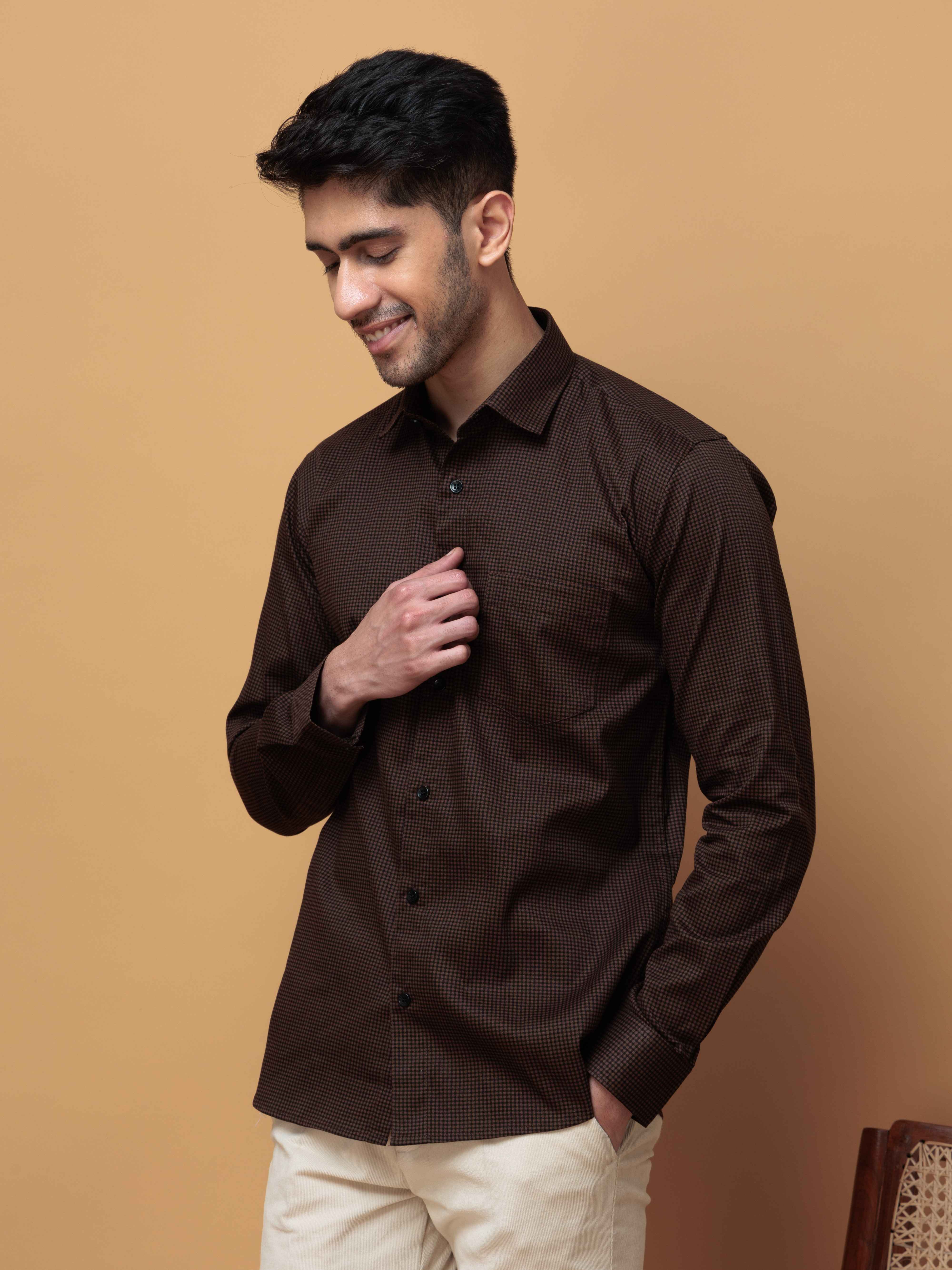 FOOMER BROWN MINI CHECKED COTTON CASUAL SHIRT FOR MEN'S - Image 5