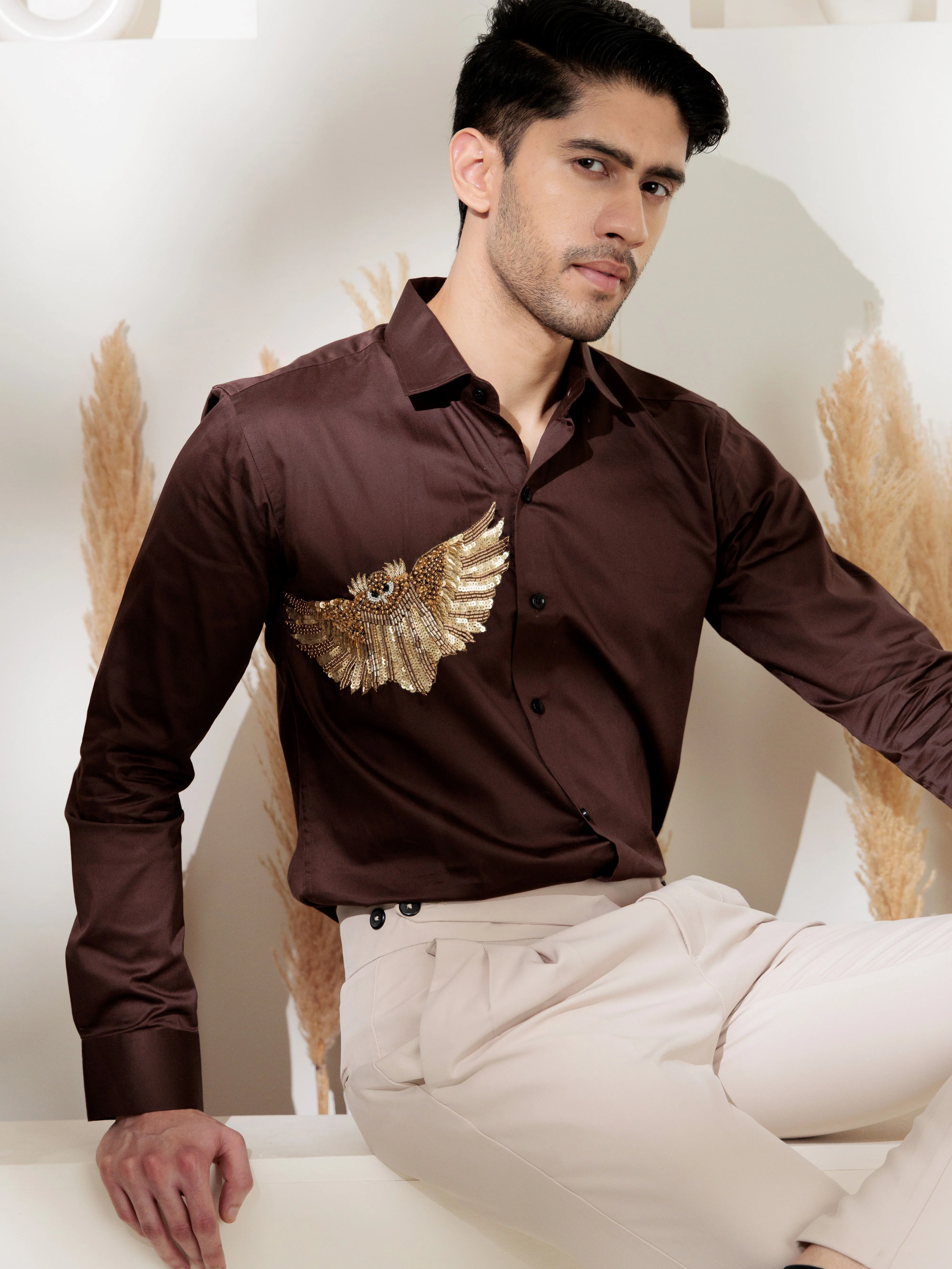 FOOMER BROWN RHINESTONE PARTY SATIN COTTON SHIRT FOR MEN