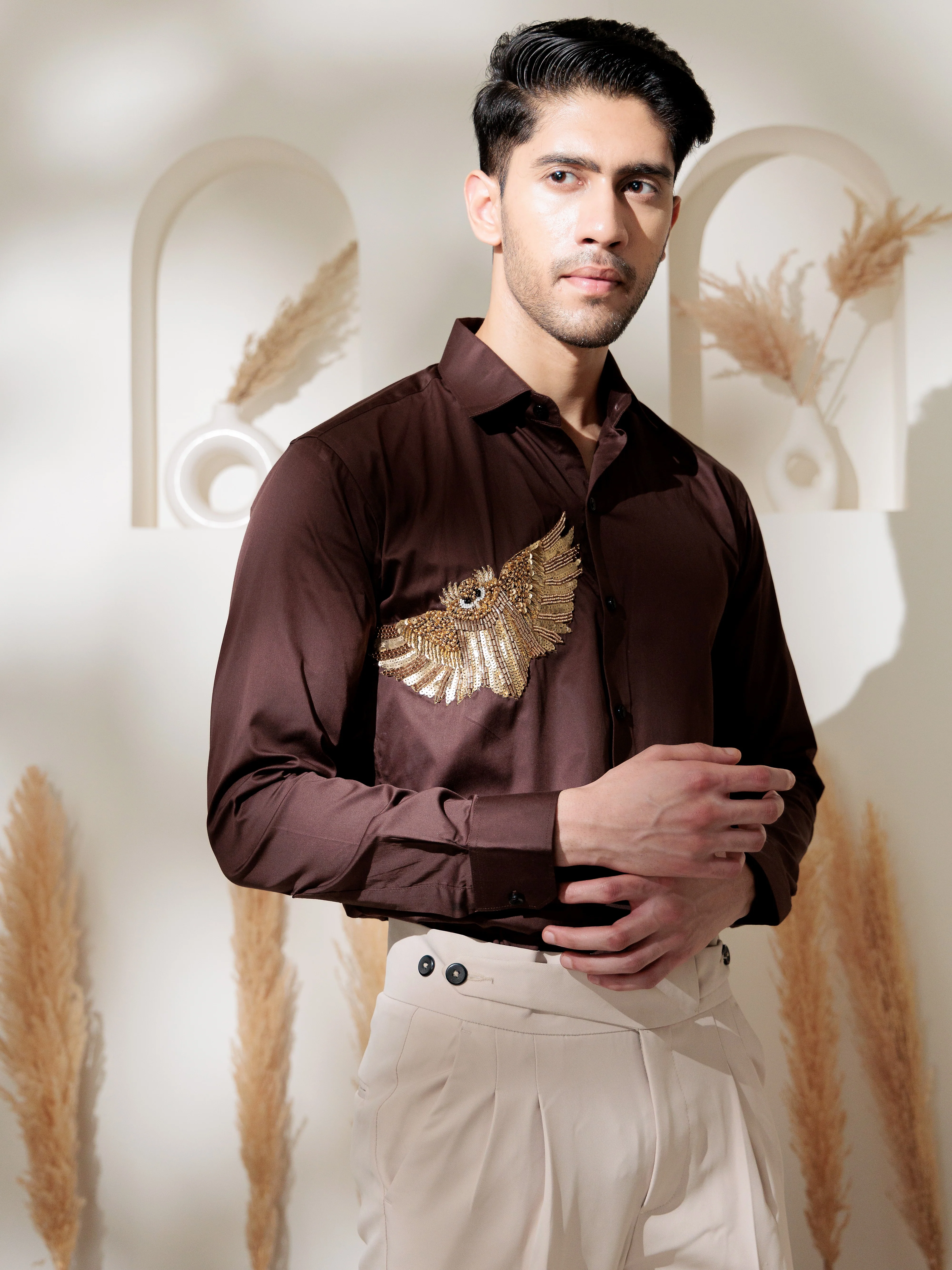FOOMER BROWN RHINESTONE PARTY SATIN COTTON SHIRT FOR MEN - Image 2
