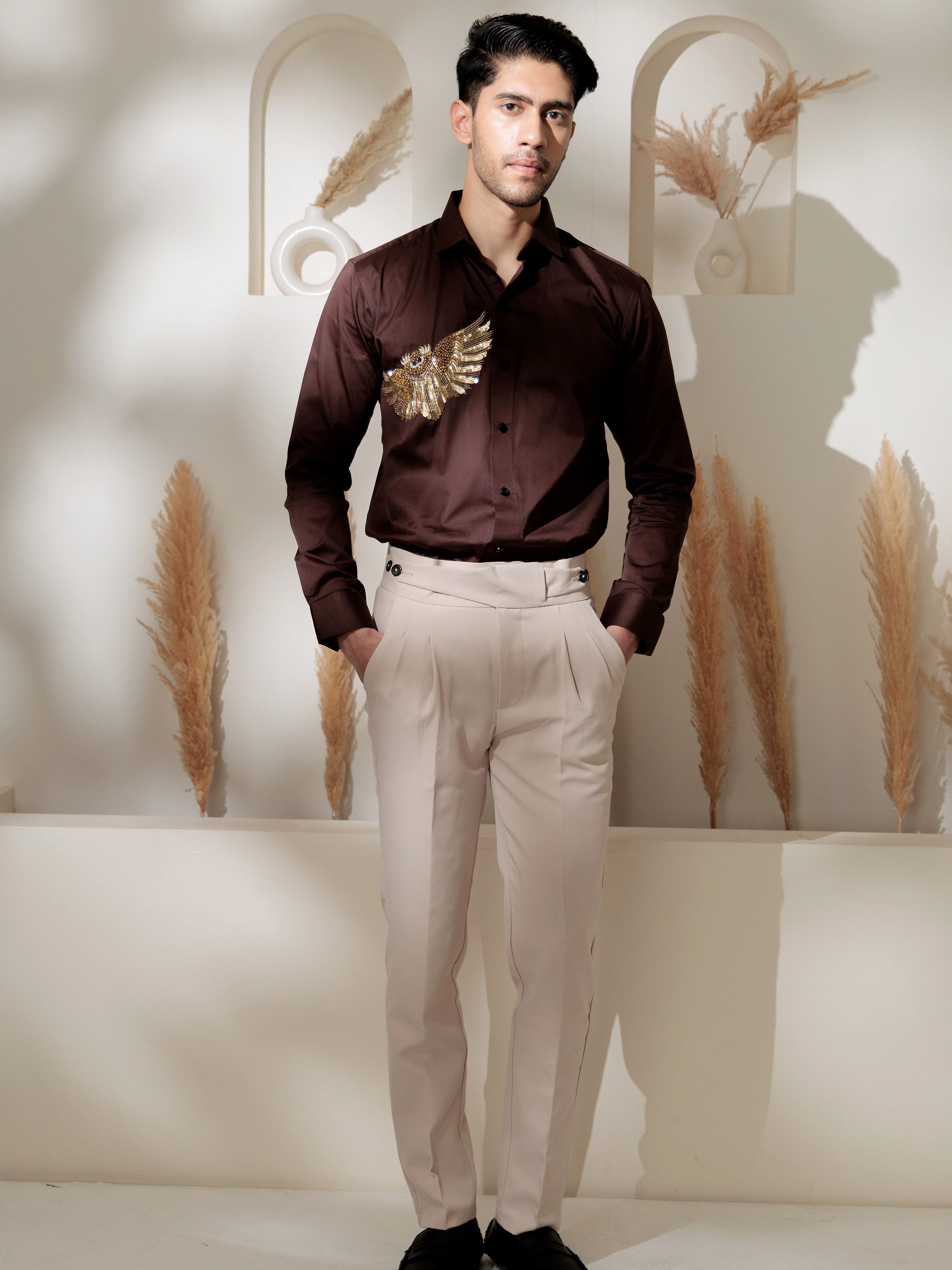 FOOMER BROWN RHINESTONE PARTY SATIN COTTON SHIRT FOR MEN - Image 3