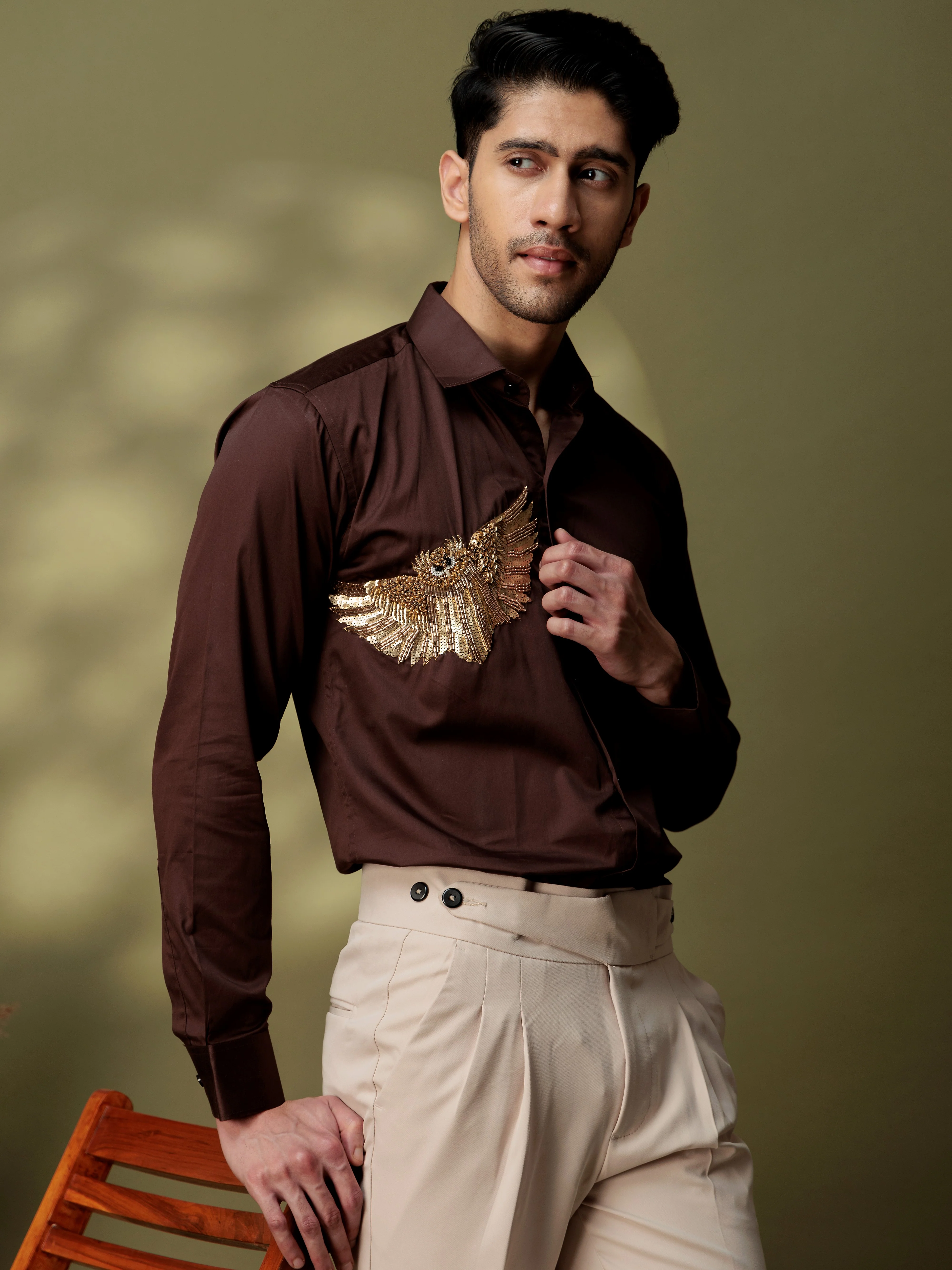 FOOMER BROWN RHINESTONE PARTY SATIN COTTON SHIRT FOR MEN - Image 5