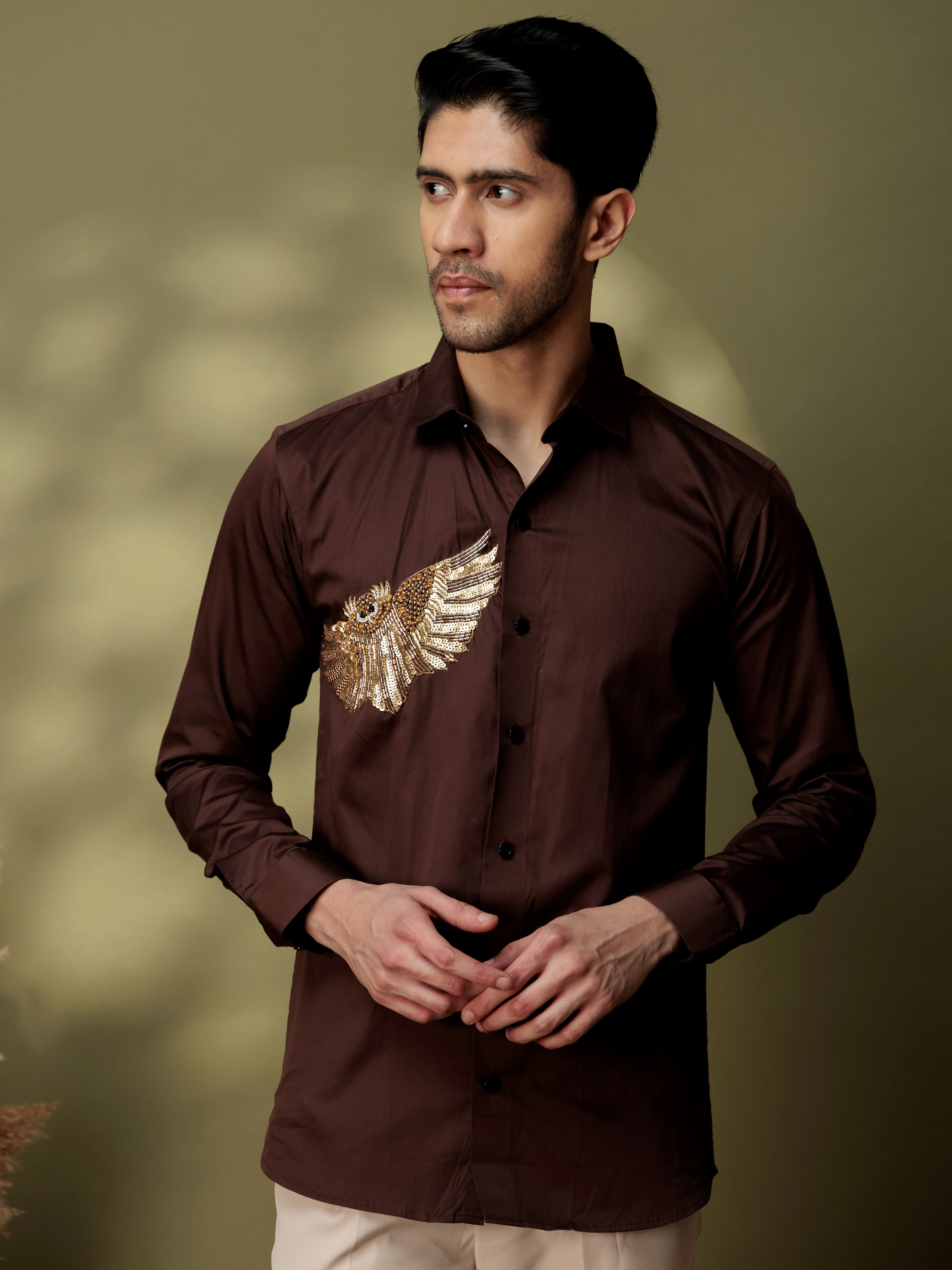 FOOMER BROWN RHINESTONE PARTY SATIN COTTON SHIRT FOR MEN - Image 6