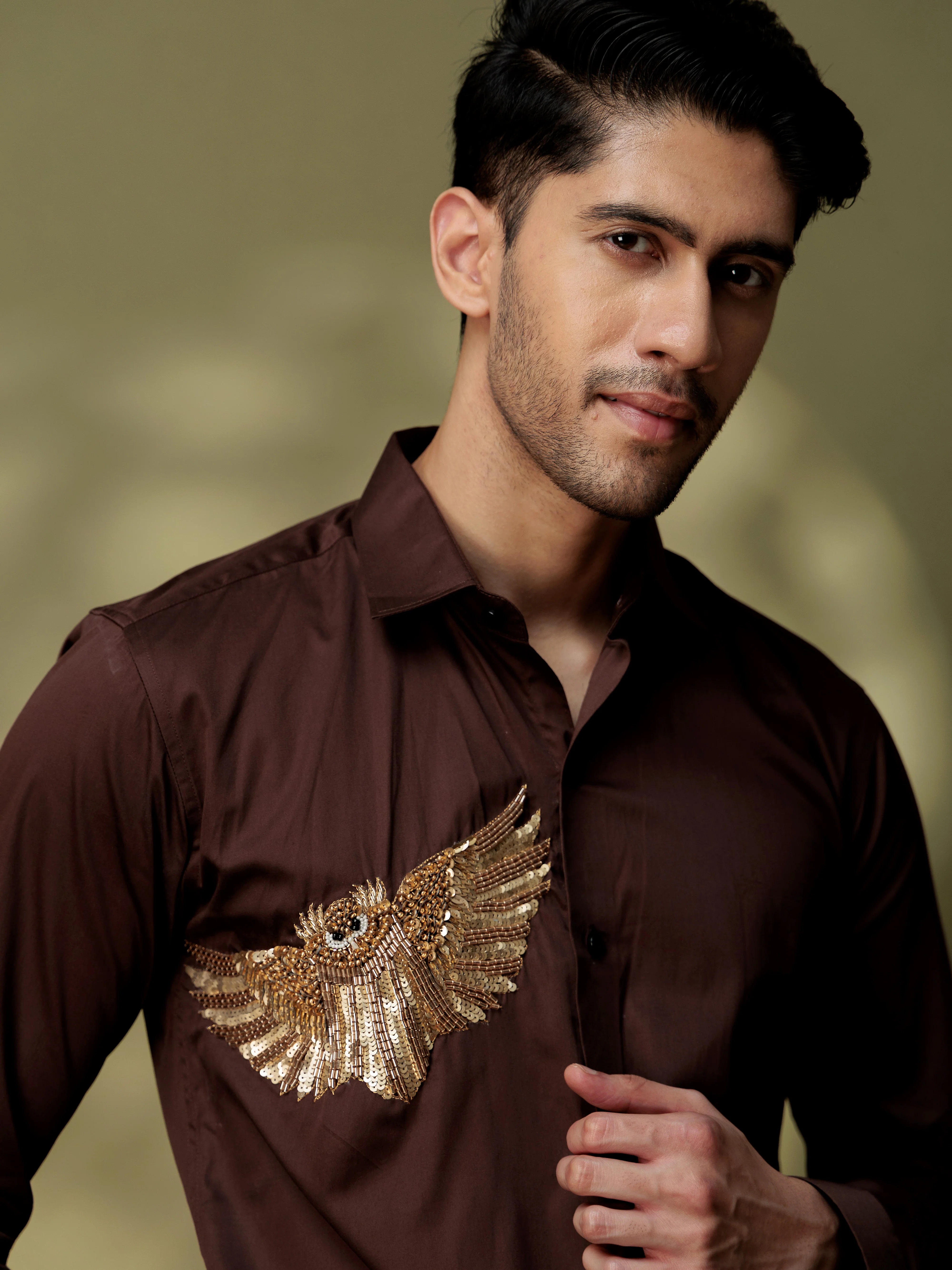 FOOMER BROWN RHINESTONE PARTY SATIN COTTON SHIRT FOR MEN - Image 7
