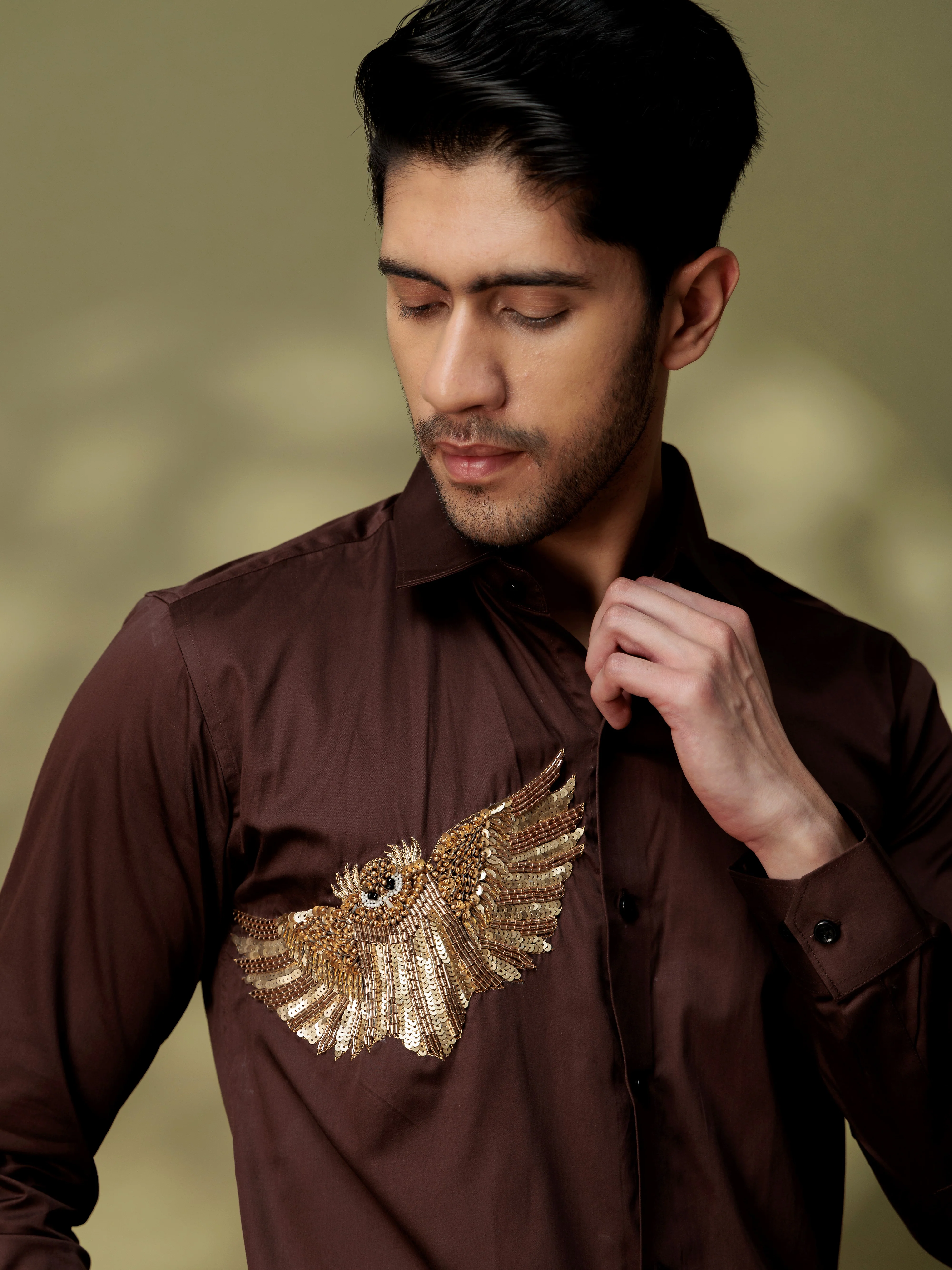 FOOMER BROWN RHINESTONE PARTY SATIN COTTON SHIRT FOR MEN - Image 8
