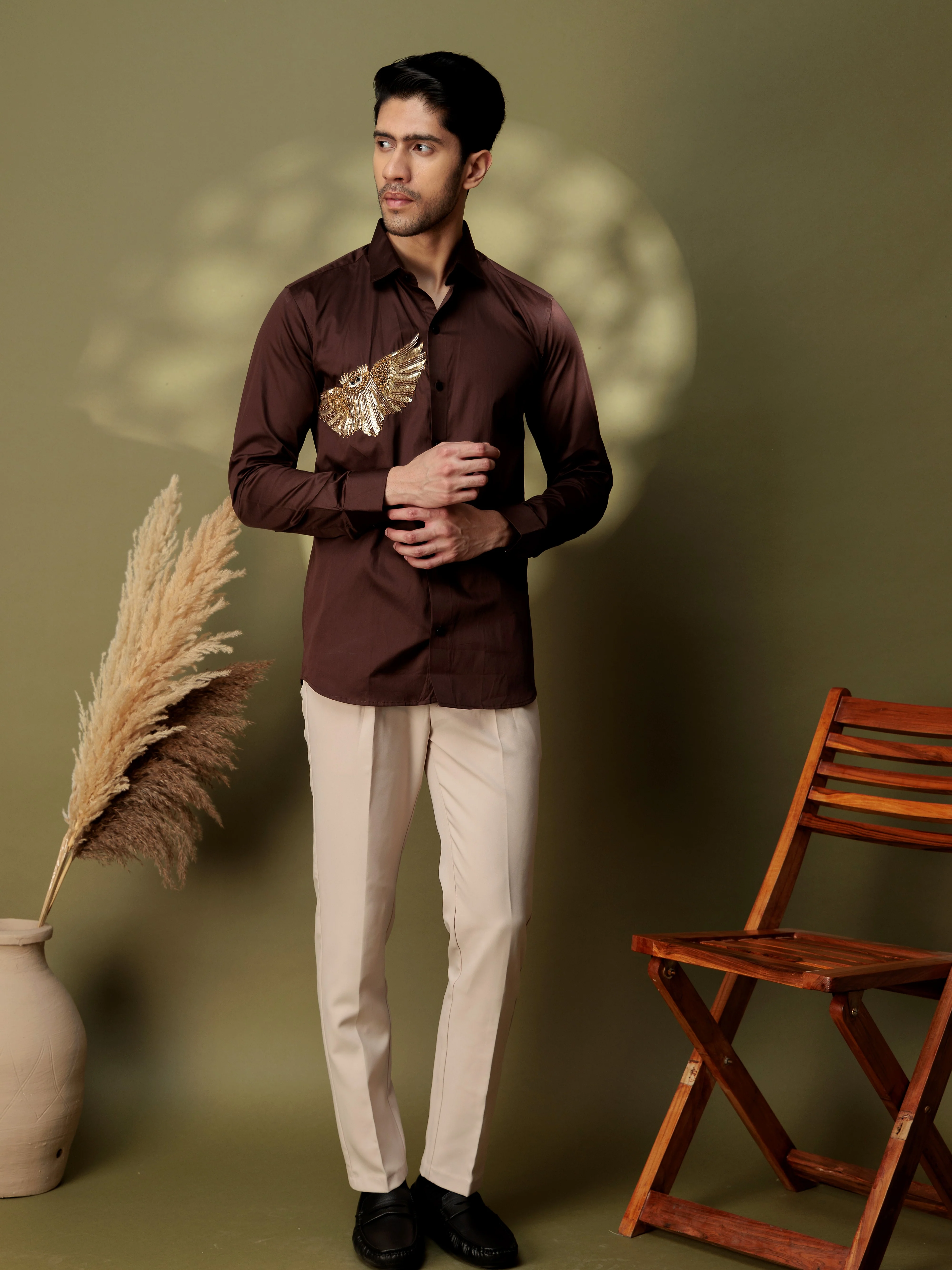 FOOMER BROWN RHINESTONE PARTY SATIN COTTON SHIRT FOR MEN - Image 9
