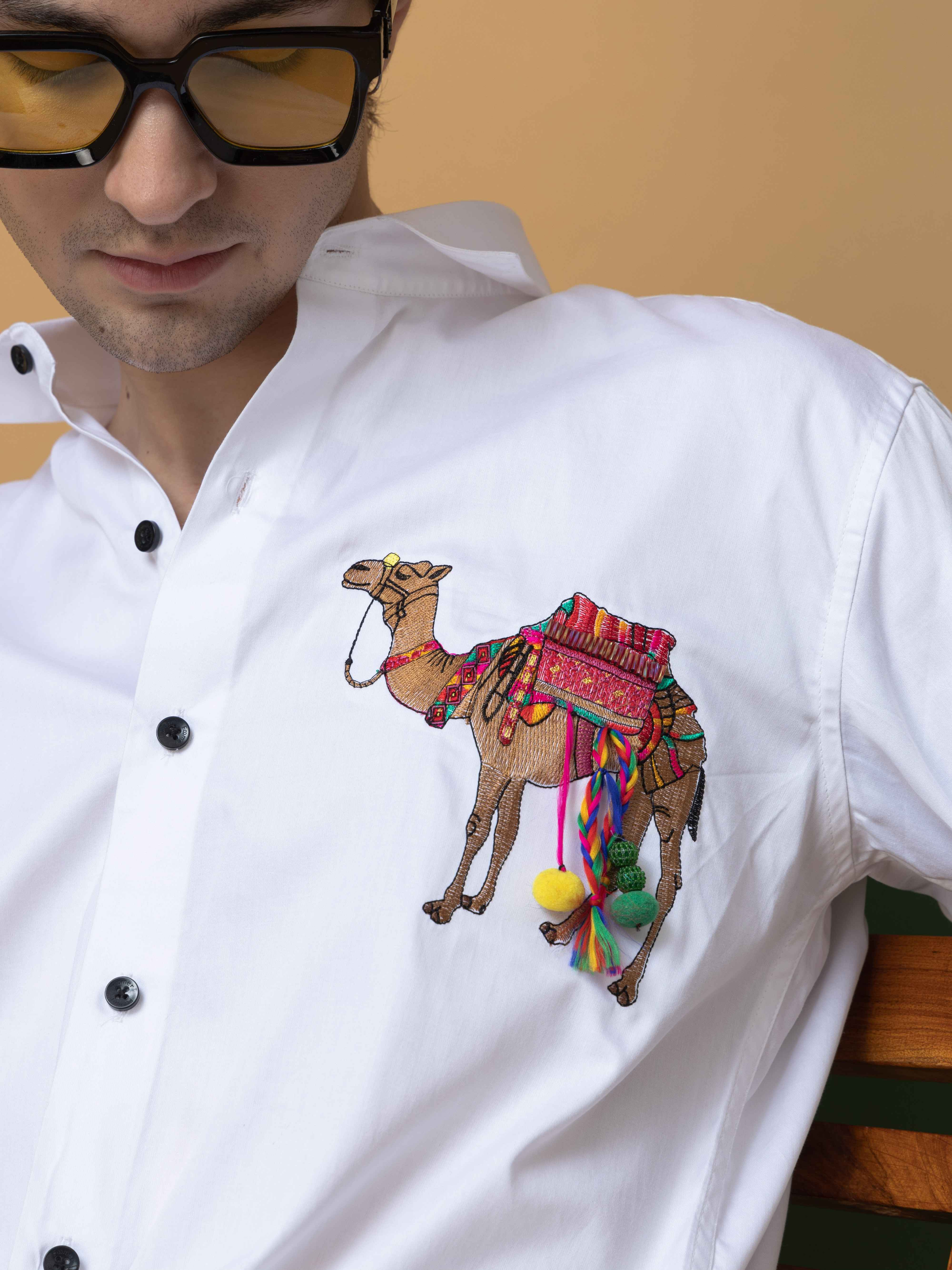 WHITE CAMEL EMBROIDERED DESIGNER SATIN COTTON SHIRT FOR MEN'S - Image 2