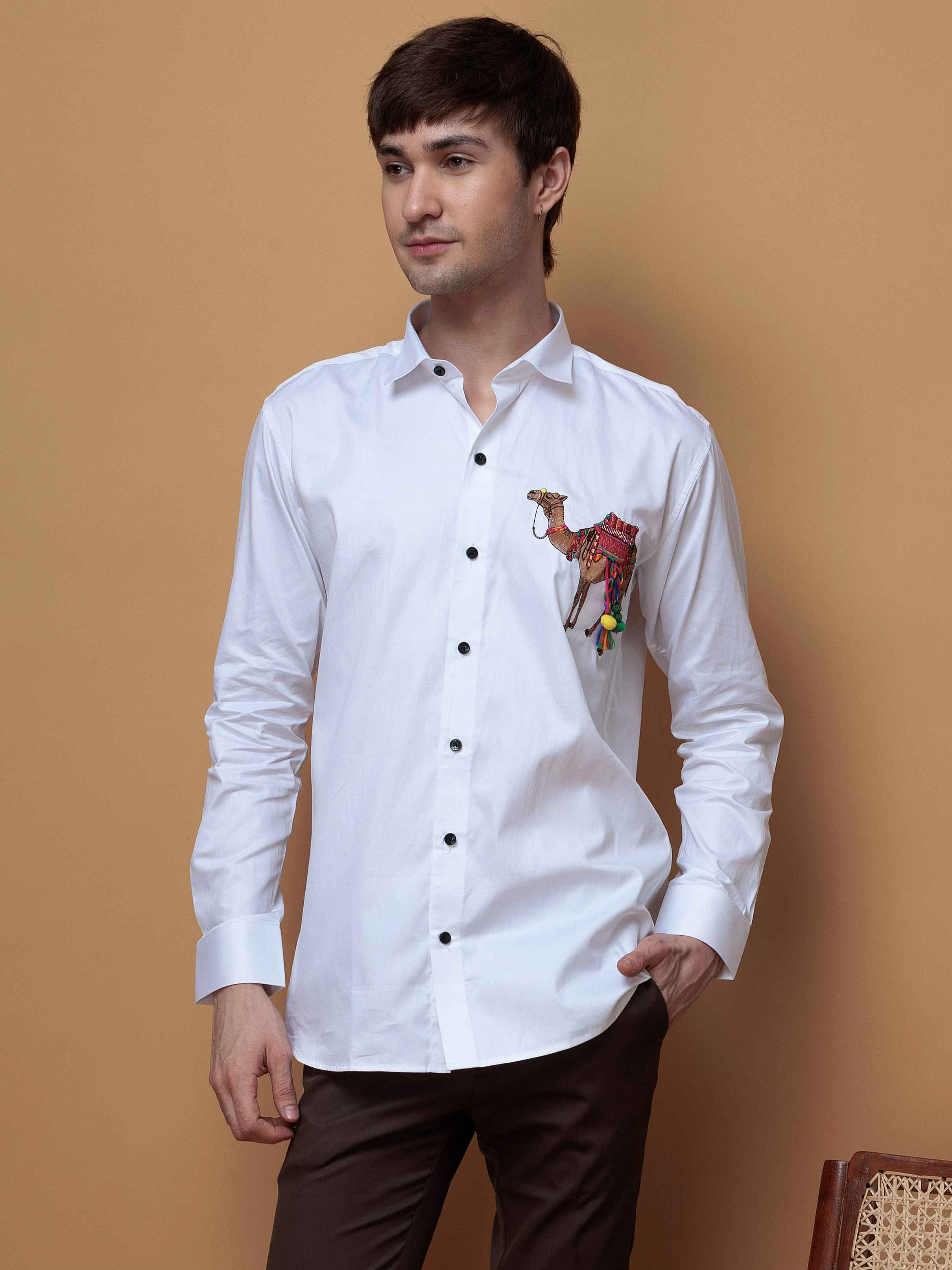 WHITE CAMEL EMBROIDERED DESIGNER SATIN COTTON SHIRT FOR MEN'S - Image 4