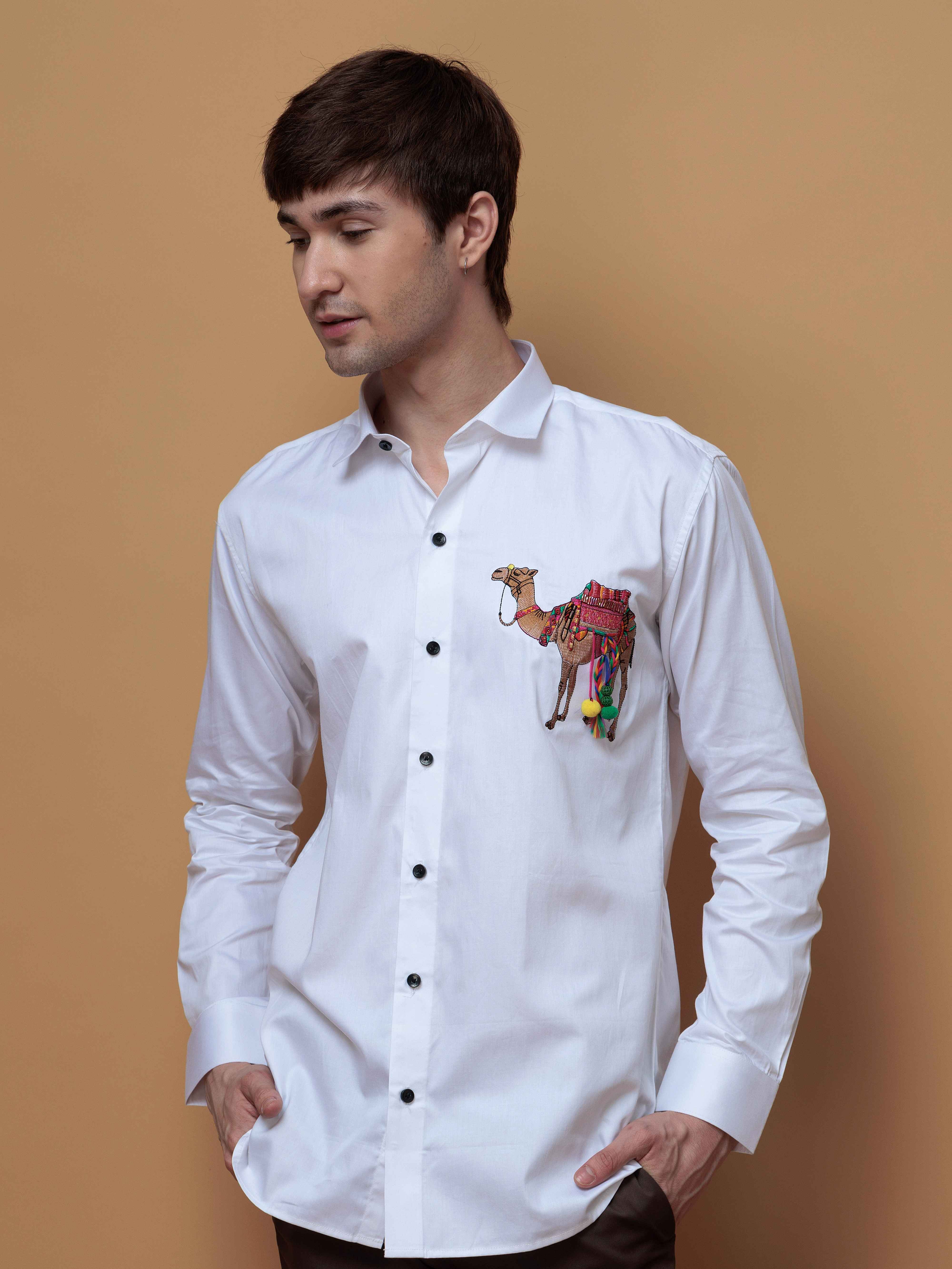 WHITE CAMEL EMBROIDERED DESIGNER SATIN COTTON SHIRT FOR MEN'S - Image 5