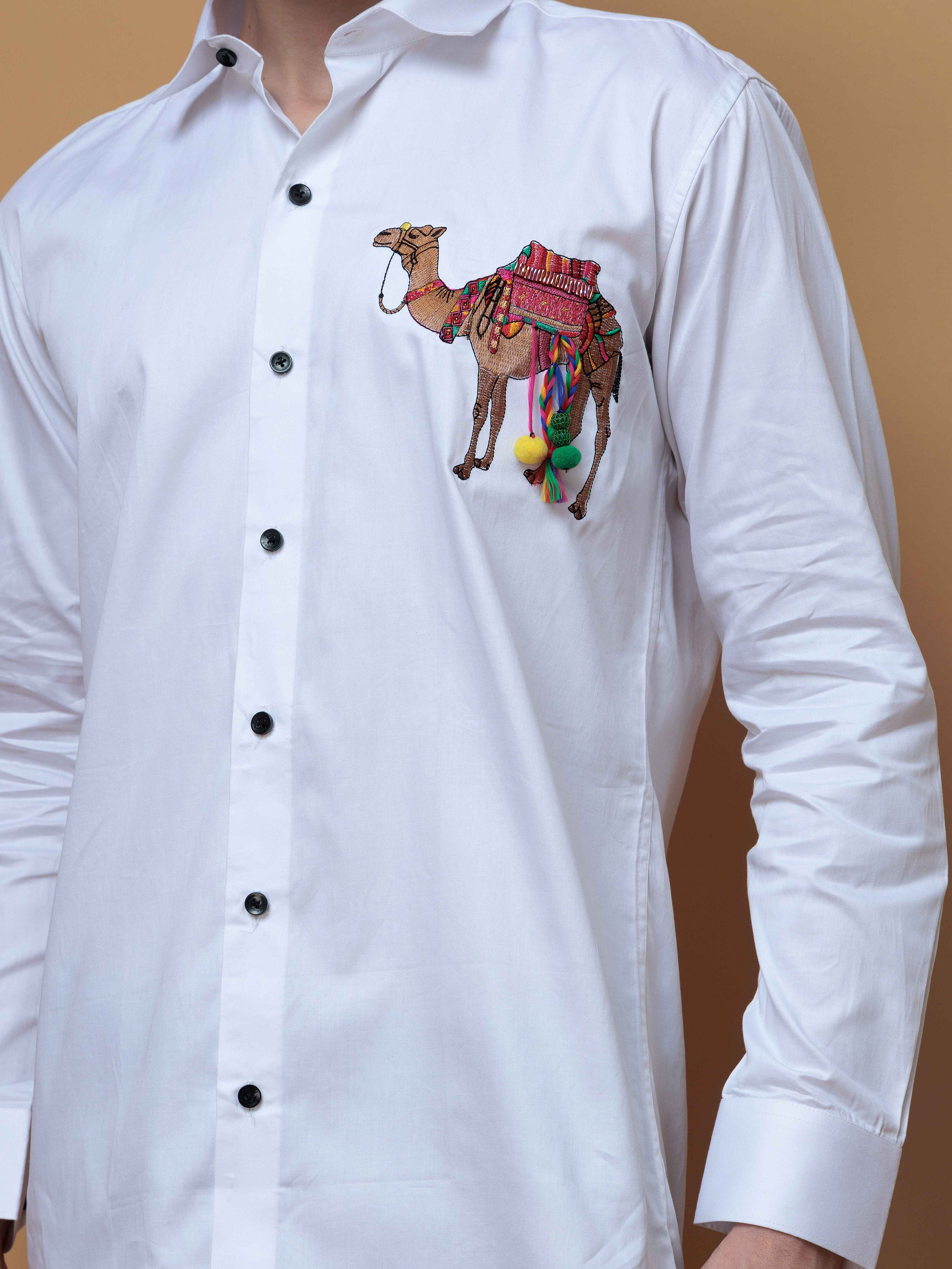 WHITE CAMEL EMBROIDERED DESIGNER SATIN COTTON SHIRT FOR MEN'S - Image 7
